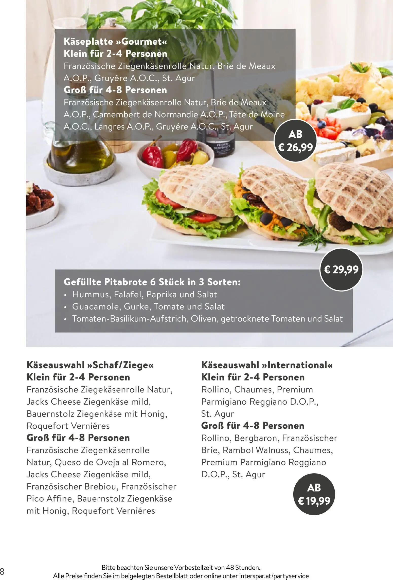 Interspar Prospekt, Seite 8 von 24 — Käseplatte "Gourmet", Gefüllte Pitabrote, Käseauswahl "International"