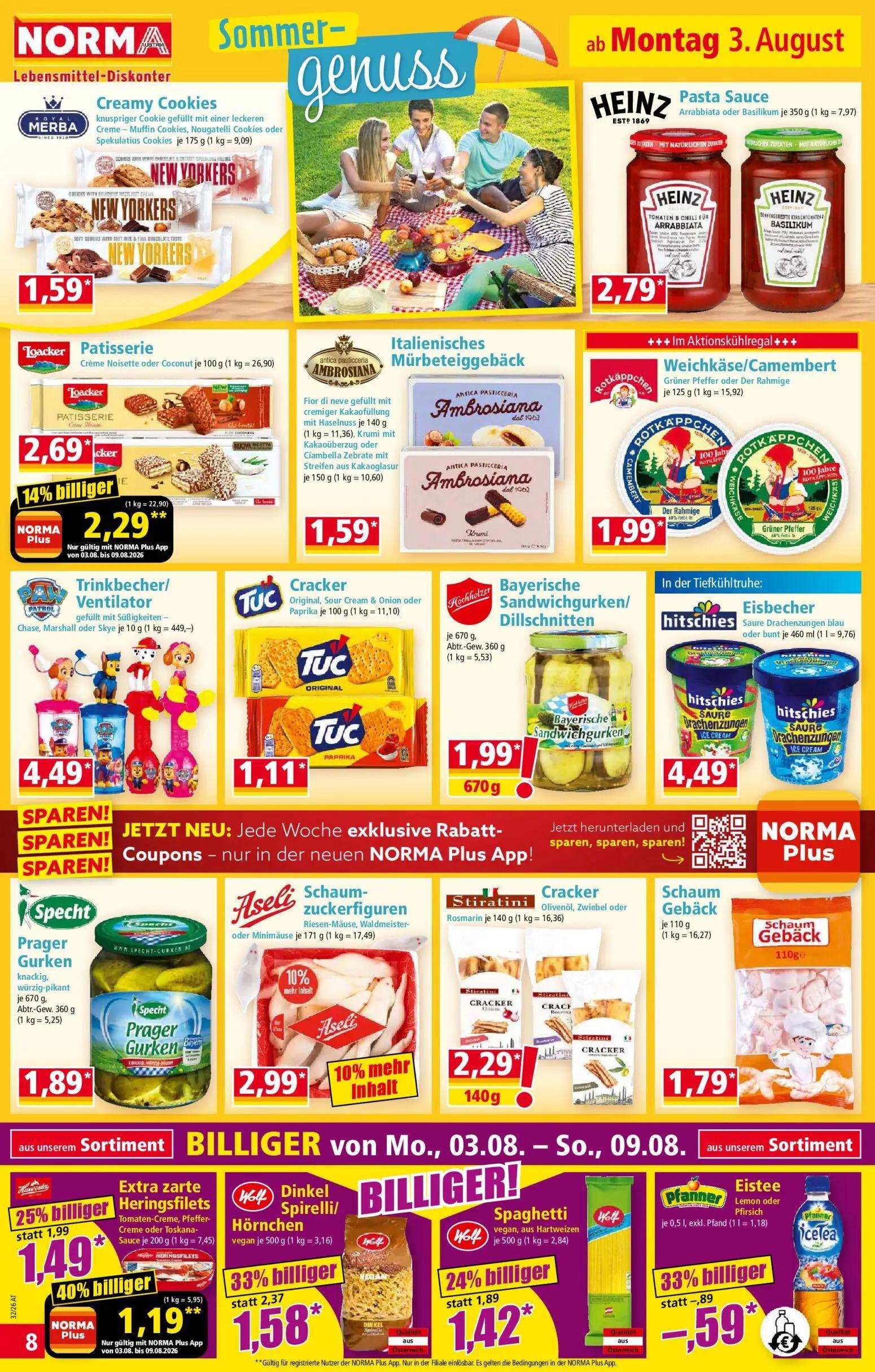 Norma Prospekt, Seite 8 von 18 — Dinkel Spirelli/Hörnchen, Extra zarte Heringsfilets, Spaghetti