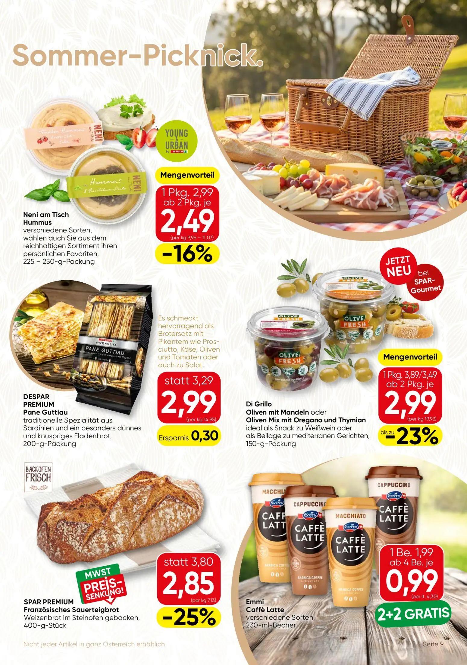 Spar Gourmet Prospekt, Seite 9 von 12 — Emmi Caffè Latte, SPAR PREMIUM Französisches Sauerteigbrot, Di Grillo Oliven mit Man…