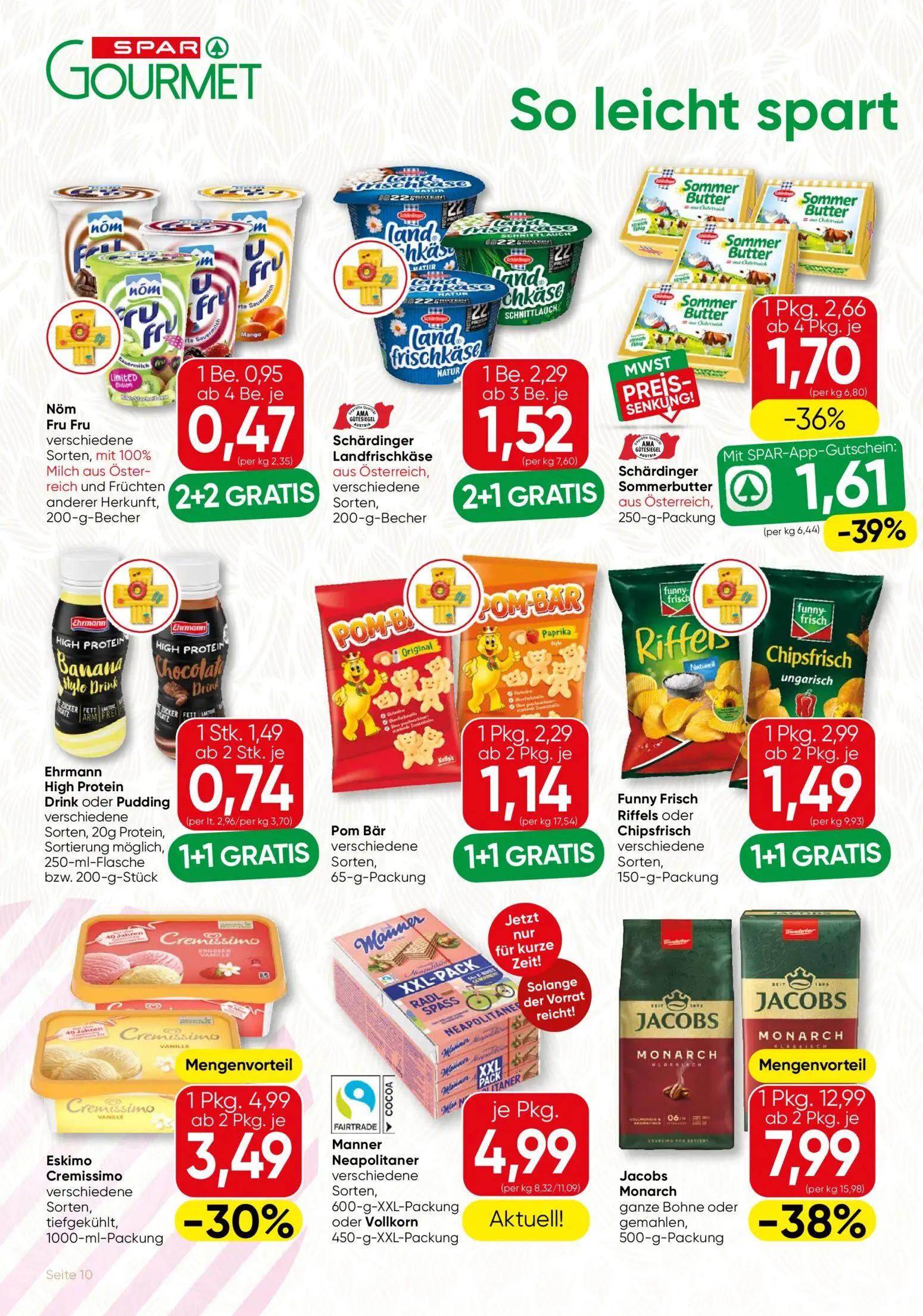 Spar Gourmet Prospekt, Seite 10 von 12 — Jacobs Monarch, Funny Frisch Riffels oder Chipsfrisch, Eskimo Cremissimo