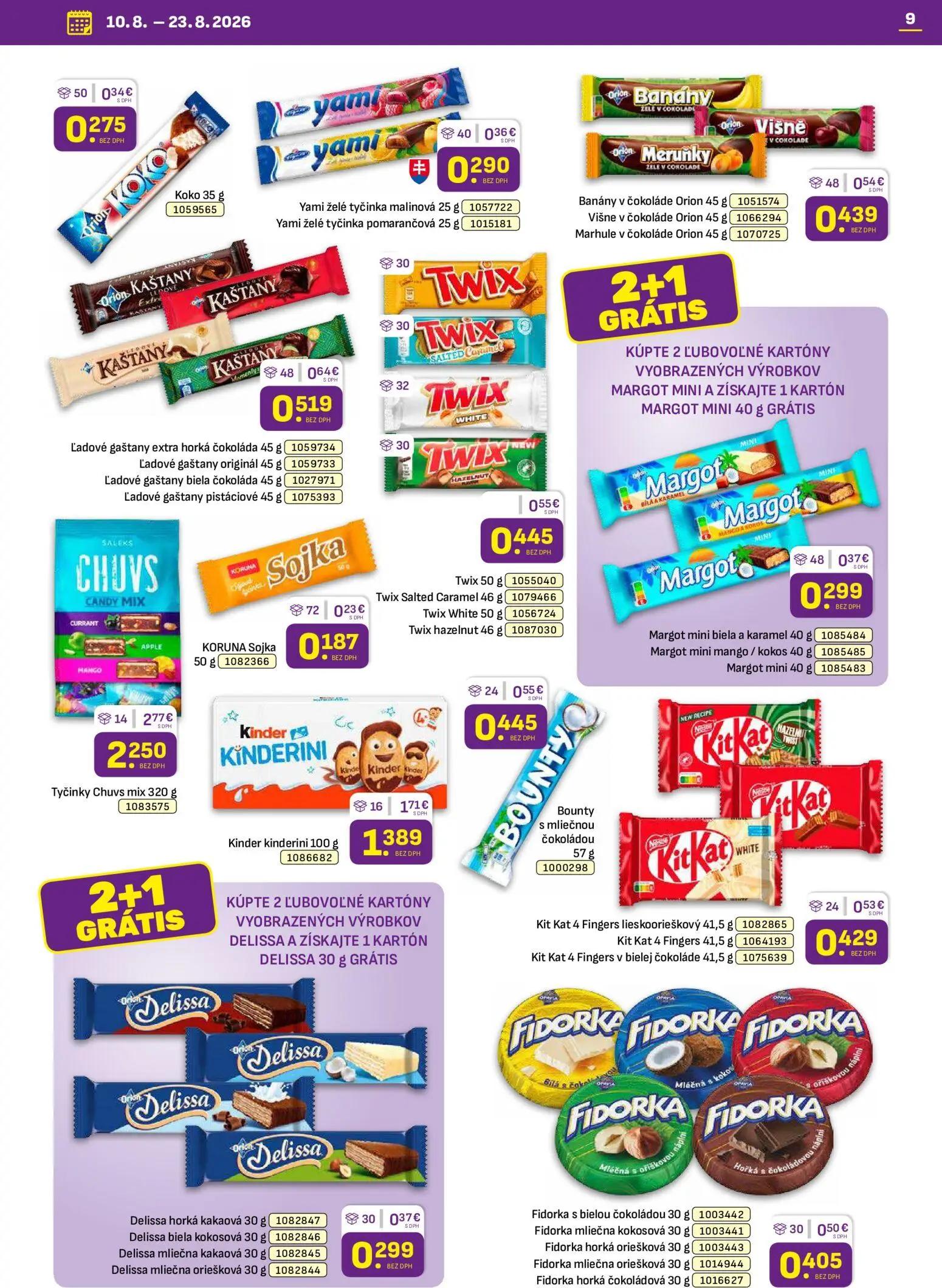 Libex leták, strana 9 z 36 — Tyčinky Chuvs mix, Kinder kinderini, Ľadové gaštany extra horká čokoláda