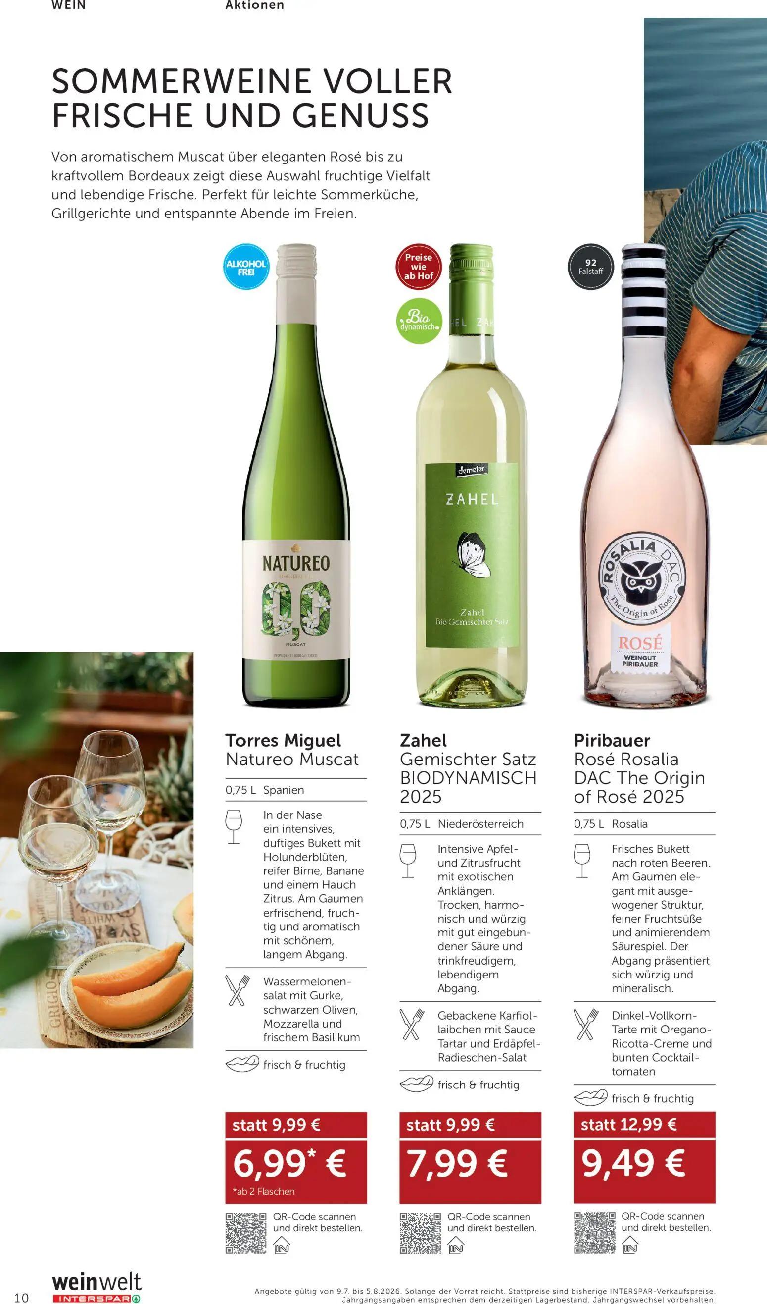 Interspar Prospekt, Seite 10 von 24 — Piribauer Rosé Rosalia DAC The Origin of Rosé 2025, Torres Miguel Natureo Muscat