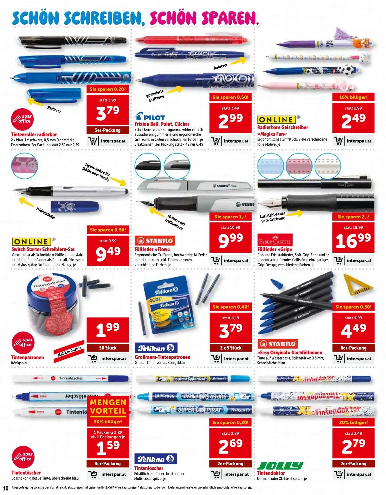 Interspar Prospekt, Seite 10 von 24 — FABER-CASTELL Füllfeder »Grip«, STABILO Füllfeder »Flow«, Tintenlöscher