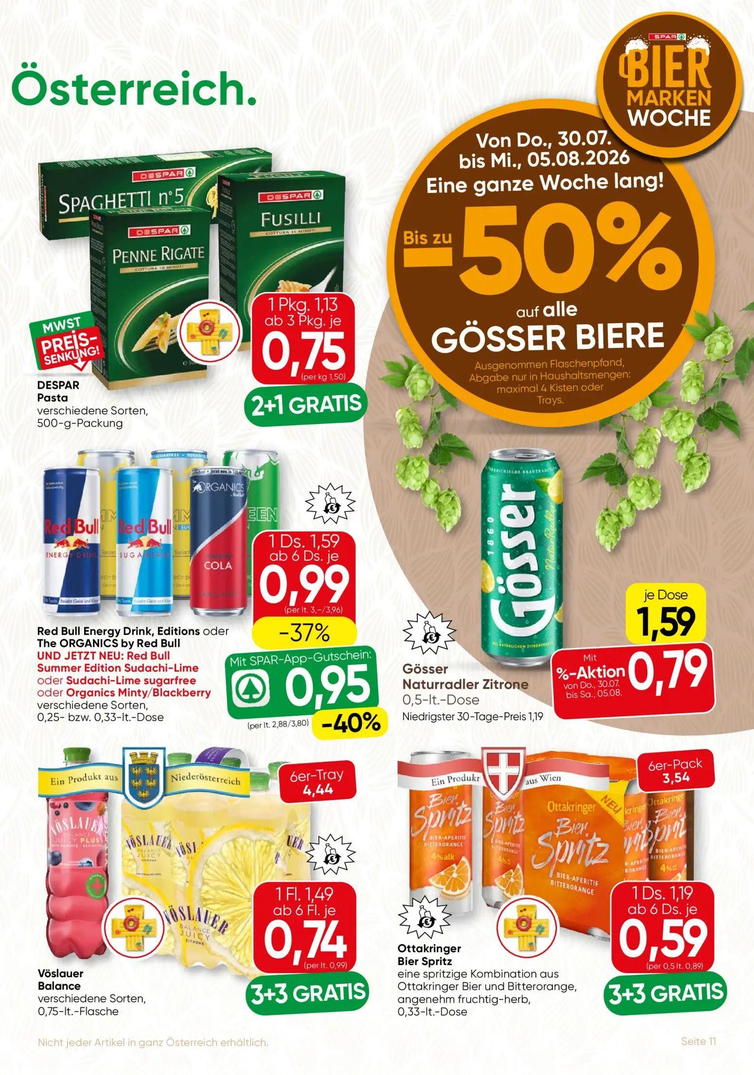 Spar Gourmet Prospekt, Seite 11 von 12 — Gösser Naturradler Zitrone, Vöslauer Balance, Red Bull Energy Drink, Editions oder …