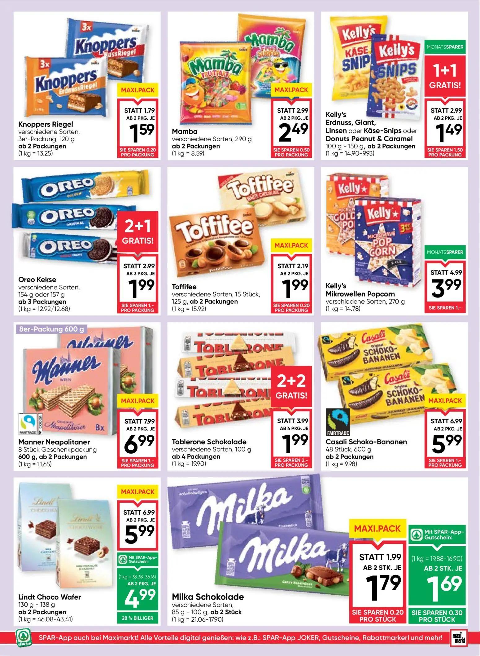 Maximarkt Prospekt, Seite 11 von 24 — Toblerone Schokolade, Lindt Choco Wafer, Kelly's Erdnuss, Giant, Linsen oder Käse-Snip…