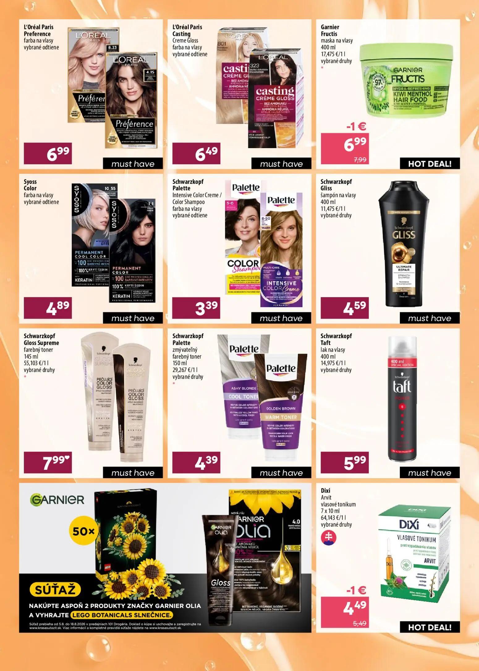 101 Drogerie leták, strana 12 z 16 — Garnier Fructis maska na vlasy, Dixi Arvit vlasové tonikum, L'Oréal Paris Preference fa…