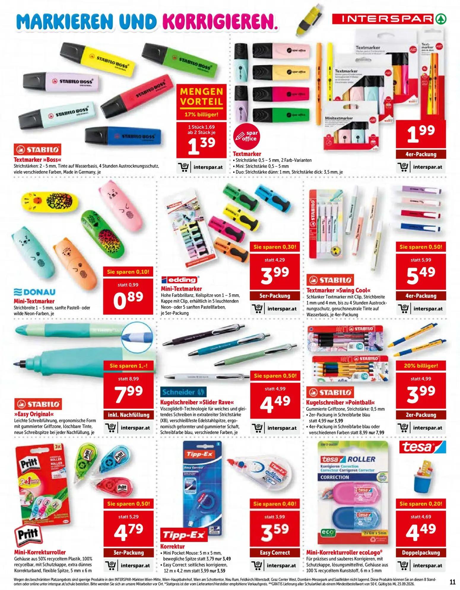 Interspar Prospekt, Seite 11 von 24 — >>Easy Original<<, Kugelschreiber »Pointball«, Textmarker »Swing Cool«