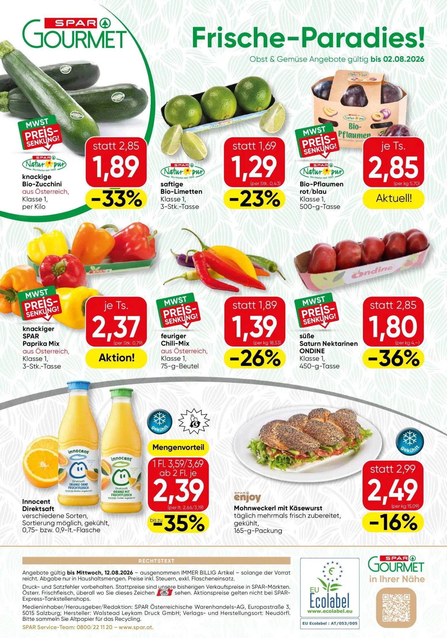 Spar Gourmet Prospekt, Seite 12 von 12 — Innocent Direktsaft verschiedene Sorten, Sortierung möglich, gekühlt, süße Saturn N…