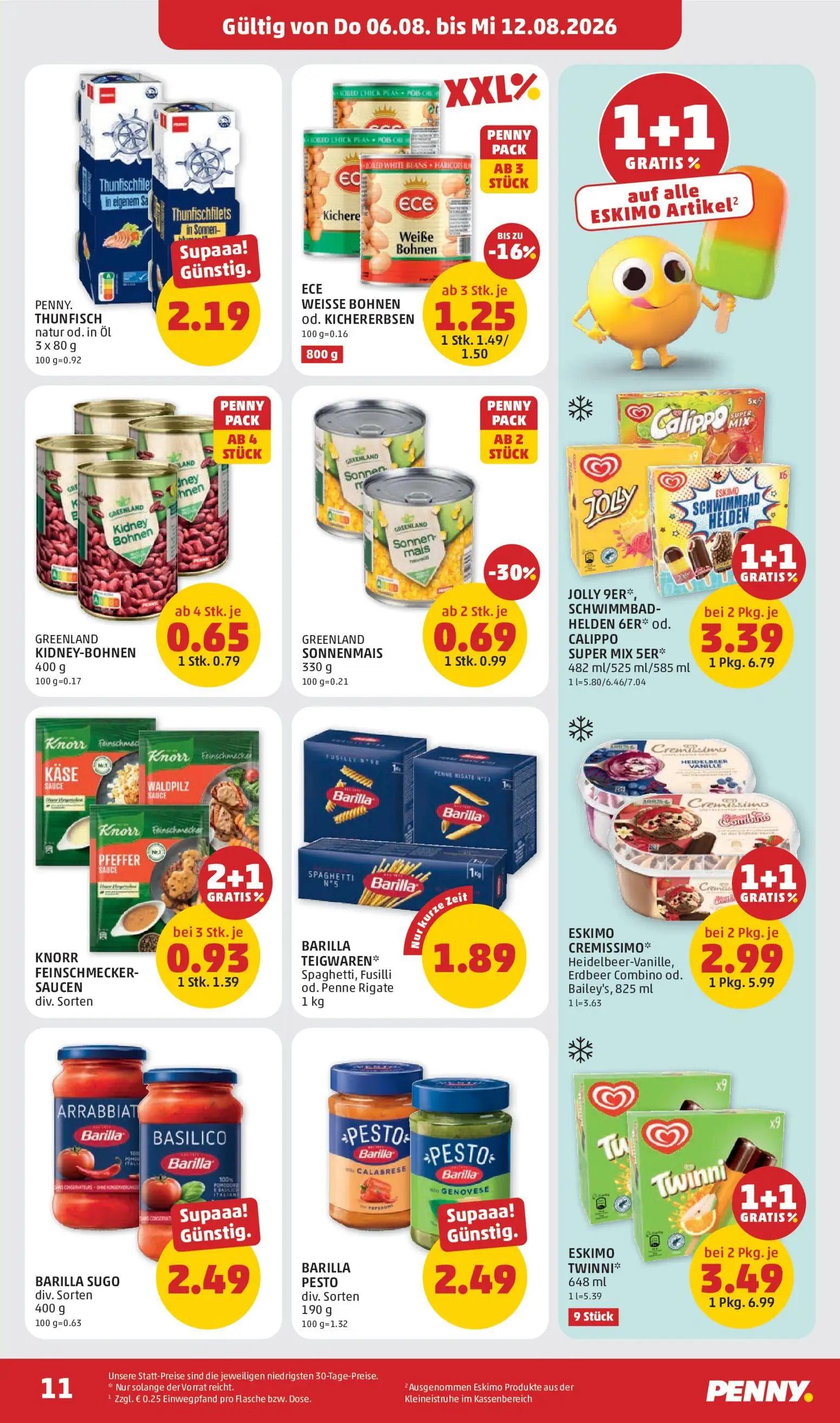 PENNY Prospekt, Seite 11 von 28 — BARILLA TEIGWAREN* Spaghetti, Fusilli od. Penne Rigate, BARILLA SUGO div. Sorten, BARILLA …