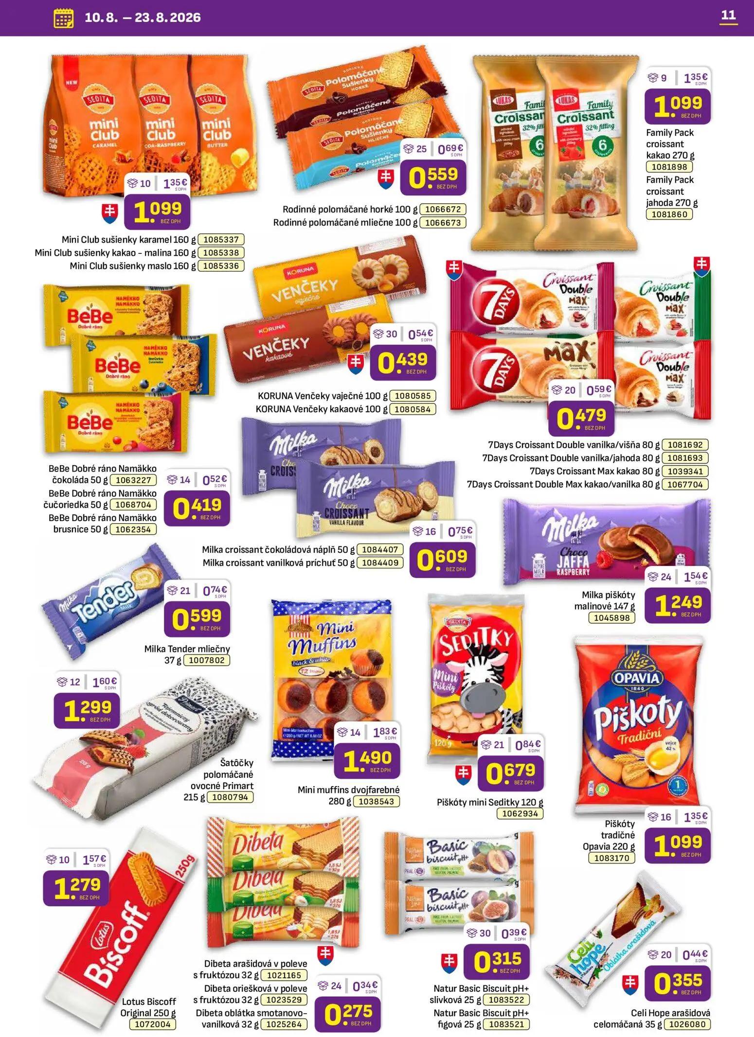 Libex leták, strana 11 z 36 — Mini muffins dvojfarebné, Šatôčky polomáčané ovocné Primart, Milka piškóty malinové