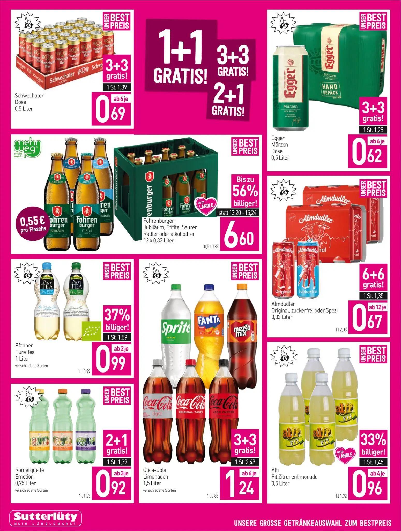 Sutterlüty Prospekt, Seite 12 von 20 — Fohrenburger Jubiläum, Stiftle, Saurer Radler oder alkoholfrei, Pfanner Pure Tea, Alf…