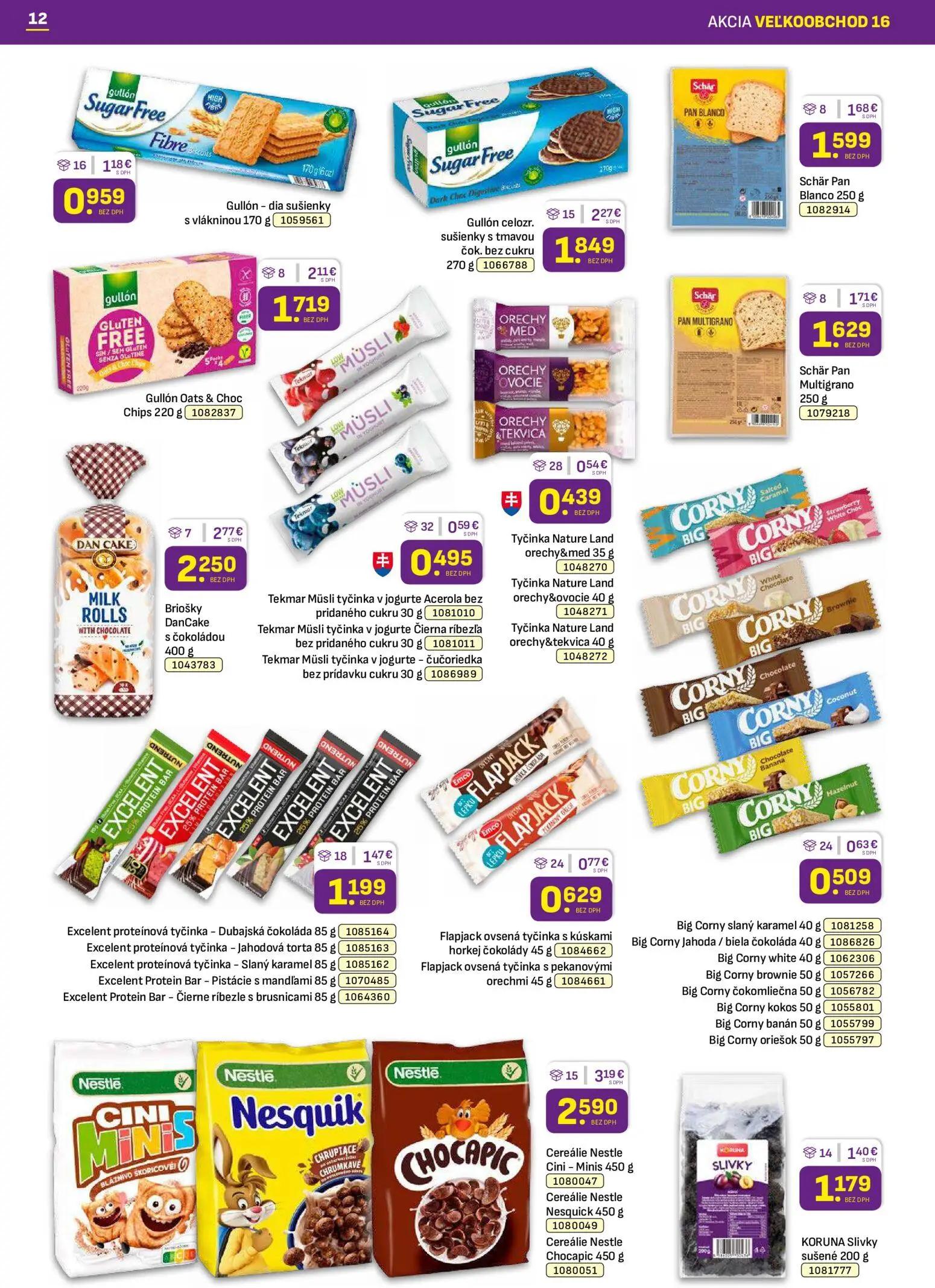 Libex leták, strana 12 z 36 — Cereálie Nestle Cini - Minis, Briošky DanCake s čokoládou, Gullón celozr. sušienky s tmavou čo…