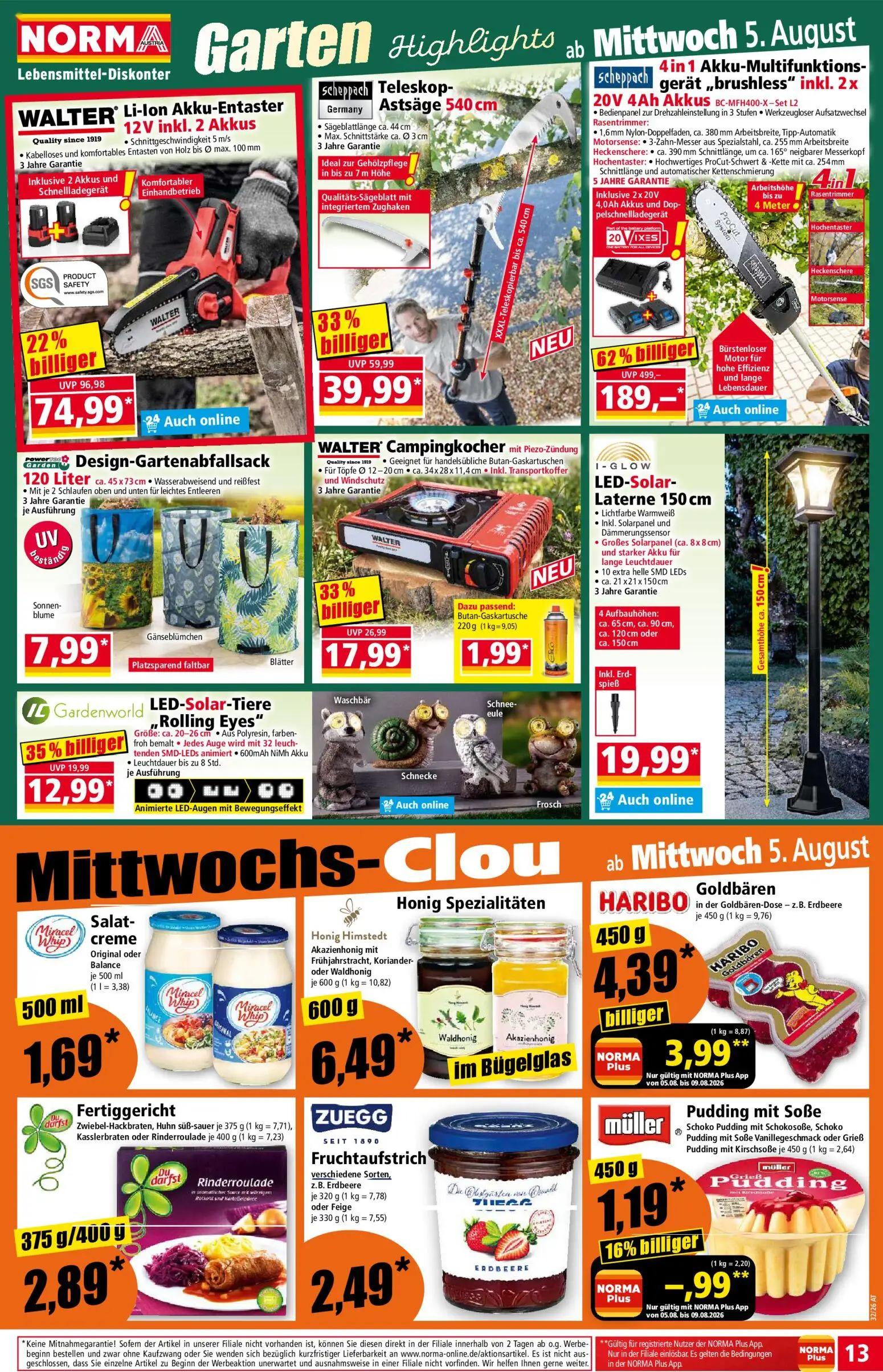 Norma Prospekt, Seite 13 von 18 — 4in1 Akku-Multifunktionsgerät „brushless”, WALTER Li-ion Akku-Entaster, Teleskop-Astsäge
