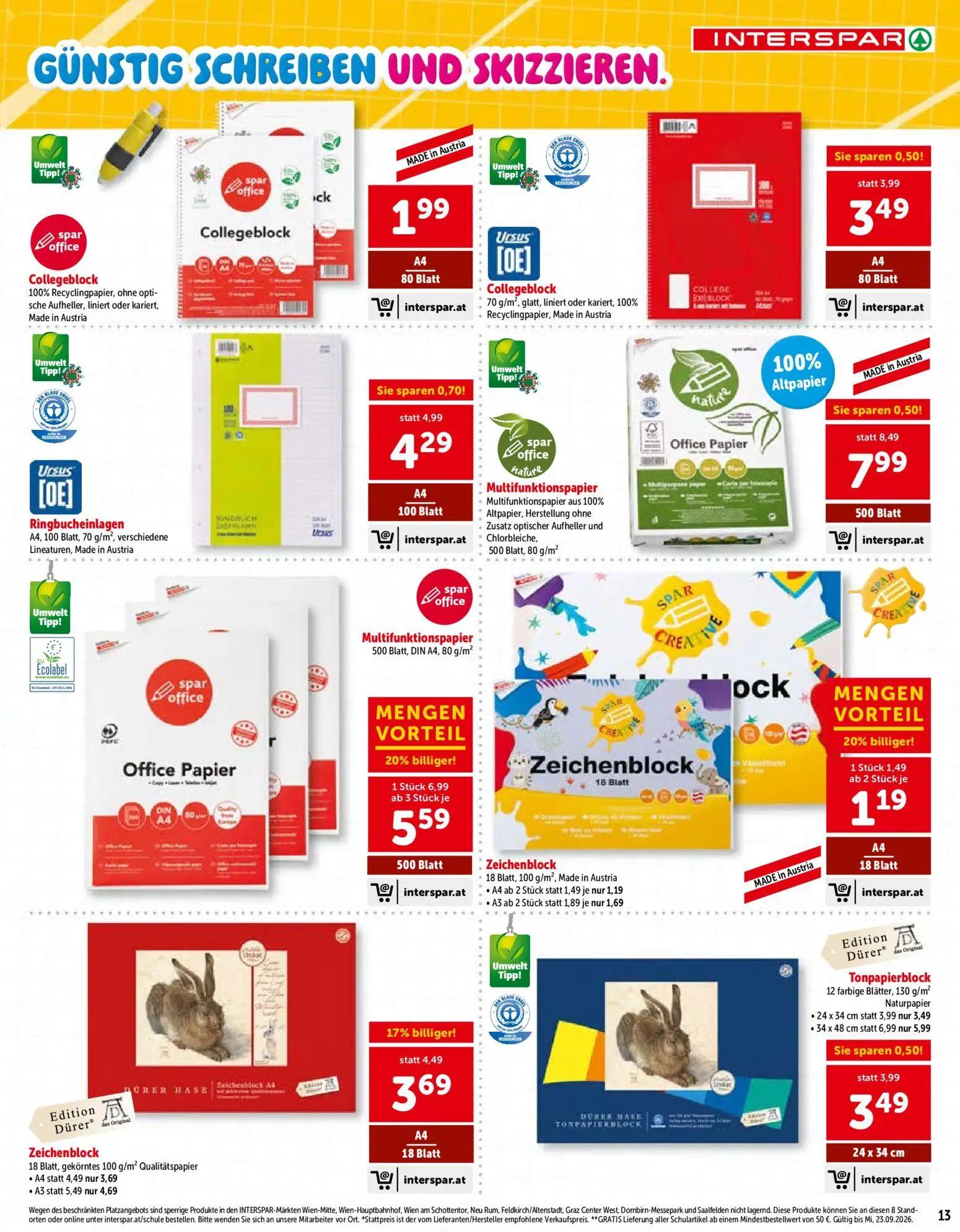 Interspar Prospekt, Seite 13 von 24 — Multifunktionspapier, Zeichenblock, Ringbucheinlagen