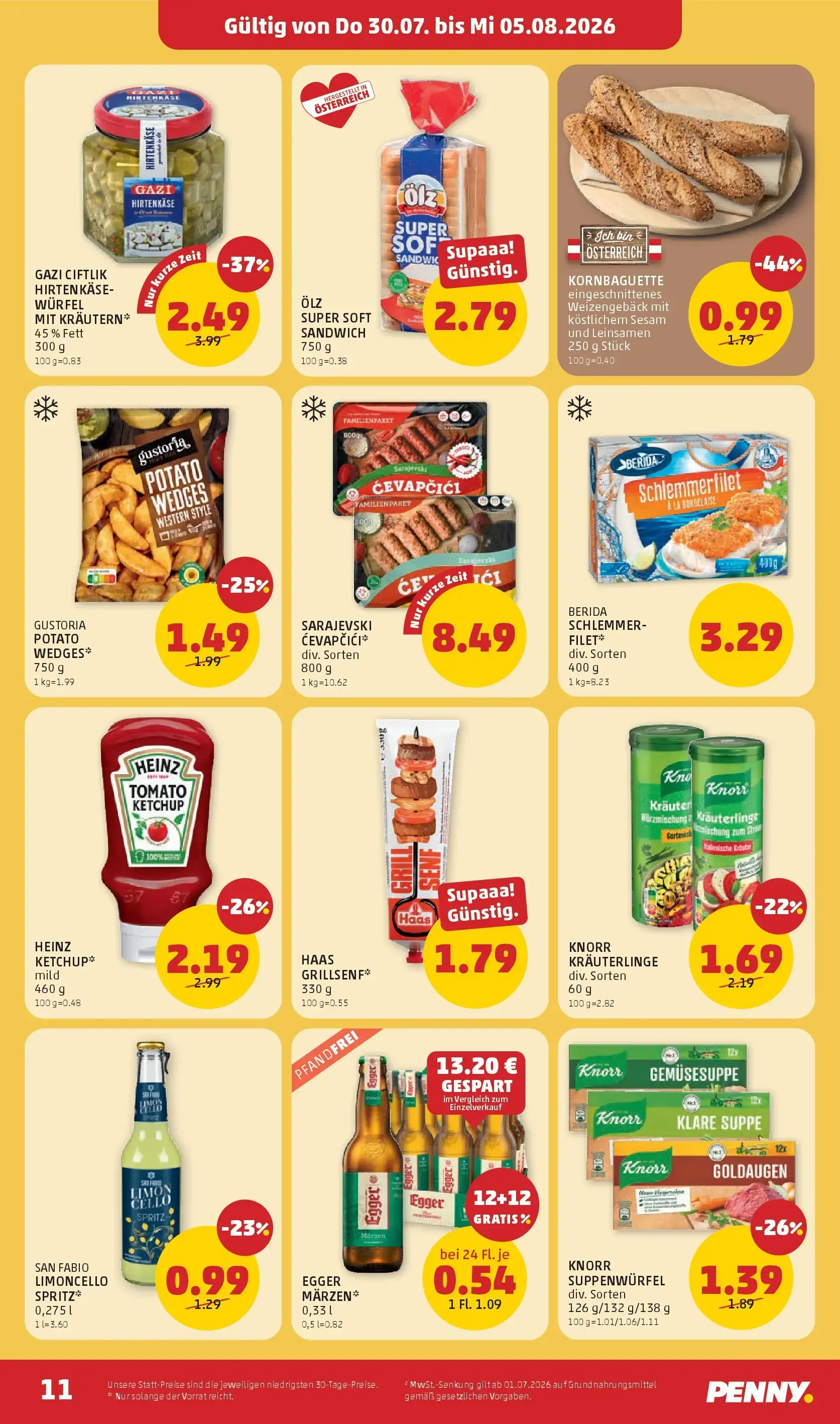 PENNY Prospekt, Seite 11 von 28 — GAZI CifTLiK HIRTENKÄSE-WÜRFEL MiT KRÄUTERN, KORNBAGUETTE, HEINZ KETCHUP mild
