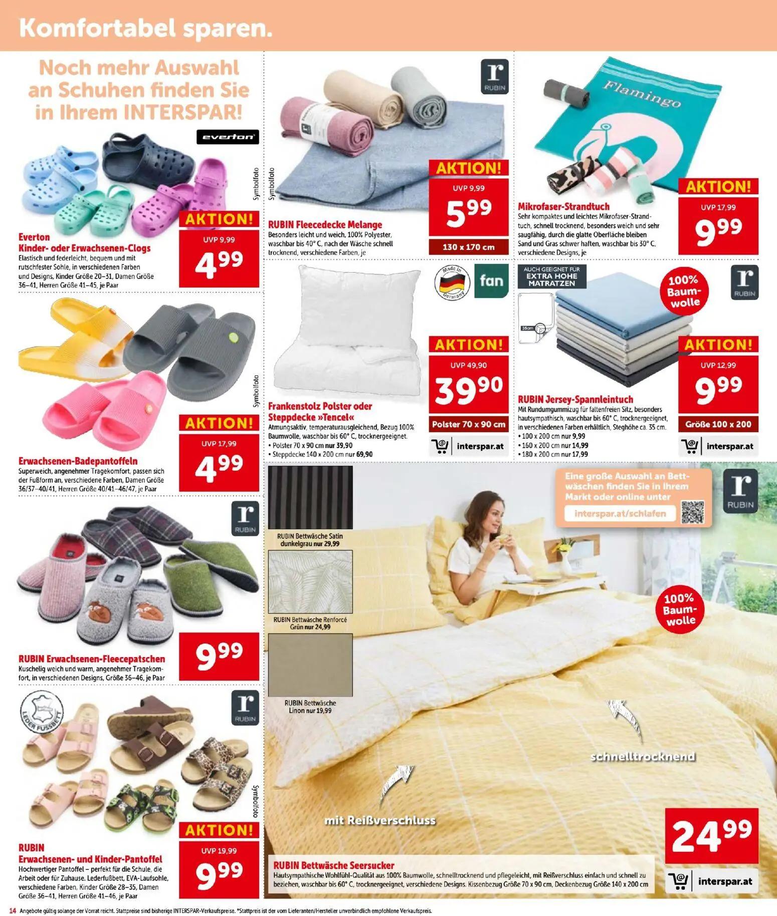 Interspar Prospekt, Seite 14 von 16 — Erwachsenen-Badepantoffeln, Frankenstolz Polster oder Steppdecke »Tencel«, RUBIN Erwac…