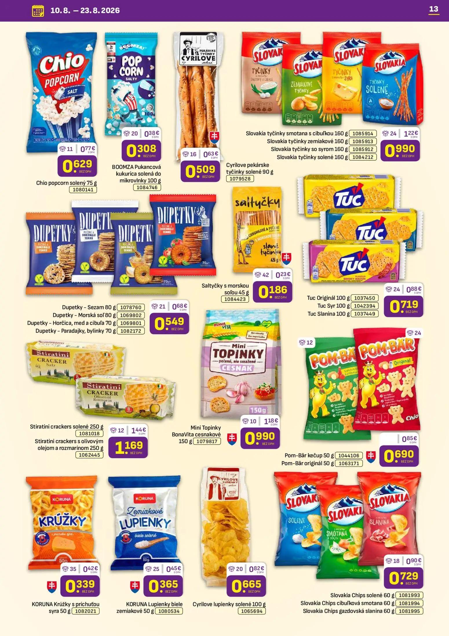 Libex leták, strana 13 z 36 — Stiratini crackers solené, Stiratini crackers s olivovým olejom a rozmarínom, Slovakia tyčinky…