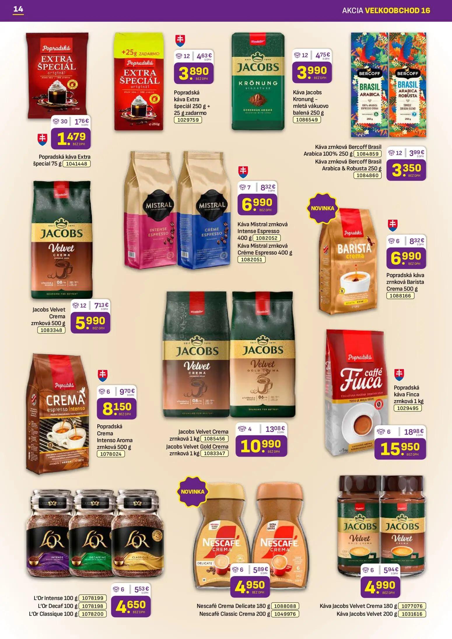 Libex leták, strana 14 z 36 — Popradská káva Finca zrnková 1 kg, Jacobs Velvet Crema zrnková 1 kg, Jacobs Velvet Gold Crema …