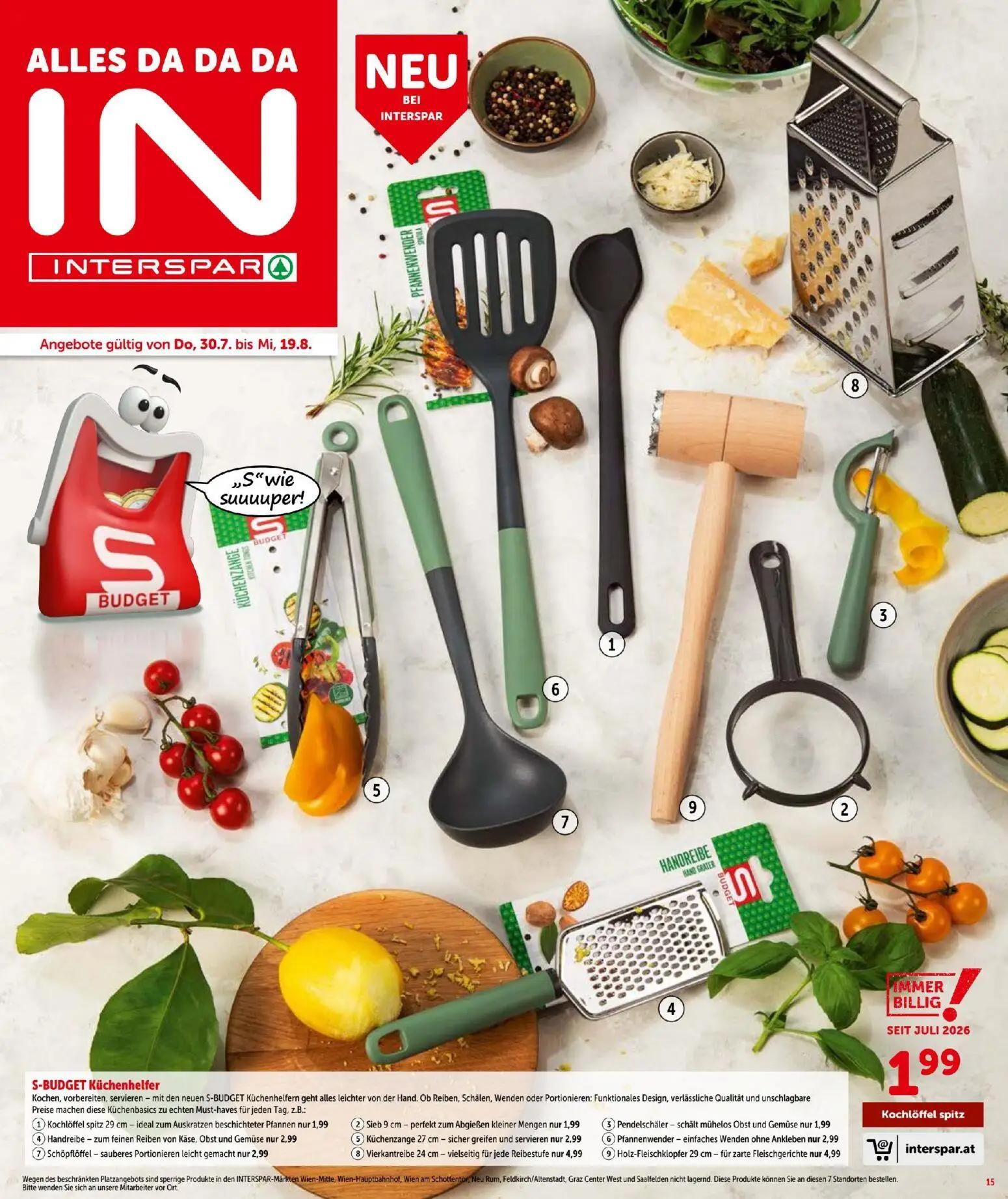 Interspar Prospekt, Seite 15 von 20 — Kochlöffel spitz, Sieb, Pendelschäler