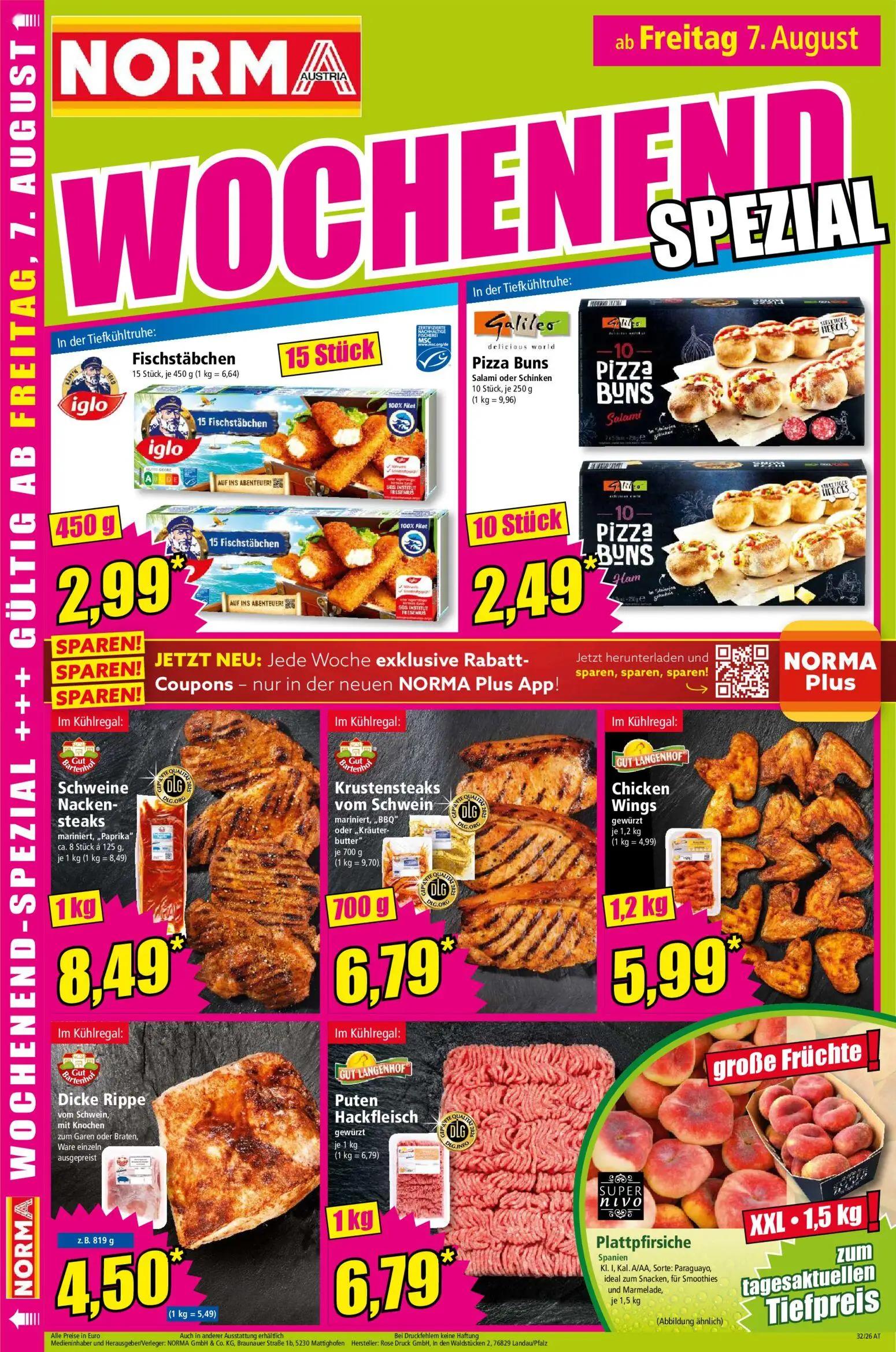 Norma Prospekt, Seite 15 von 18 — Dicke Rippe, Fischstäbchen, Pizza Buns Salami oder Schinken