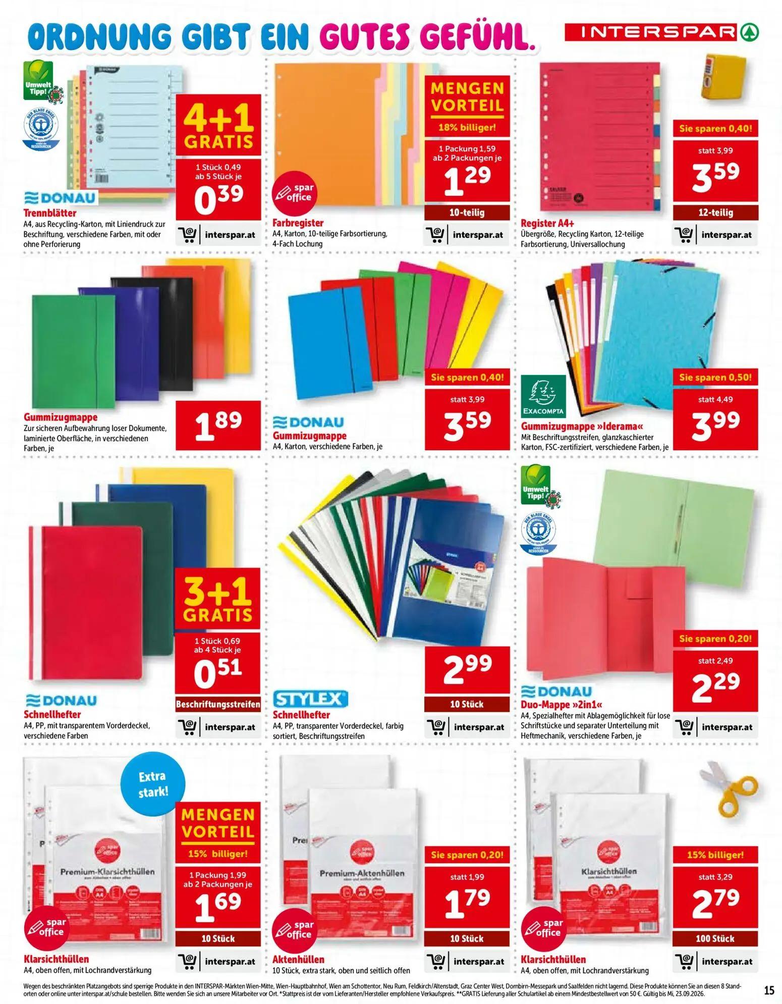 Interspar Prospekt, Seite 15 von 24 — Gummizugmappe »Iderama«, Klarsichthüllen, Register A4+