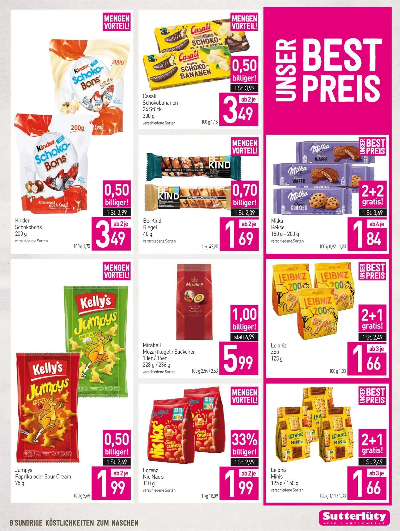Sutterlüty Prospekt, Seite 15 von 20 — Milka Kekse, Mirabell Mozartkugeln Säckchen, Lorenz Nic Nac's