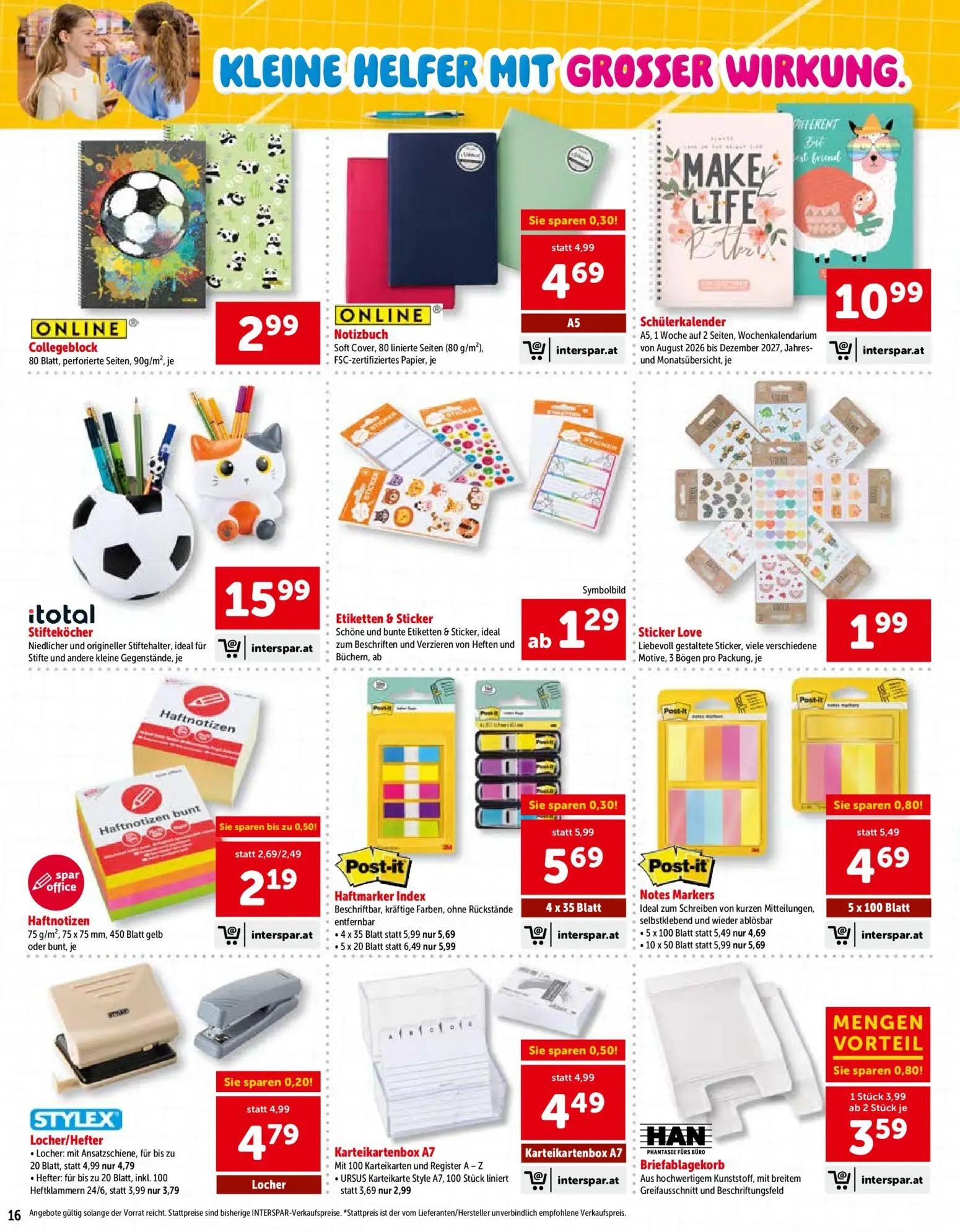 Interspar Prospekt, Seite 16 von 24 — Notes Markers, Haftnotizen, Karteikartenbox A7