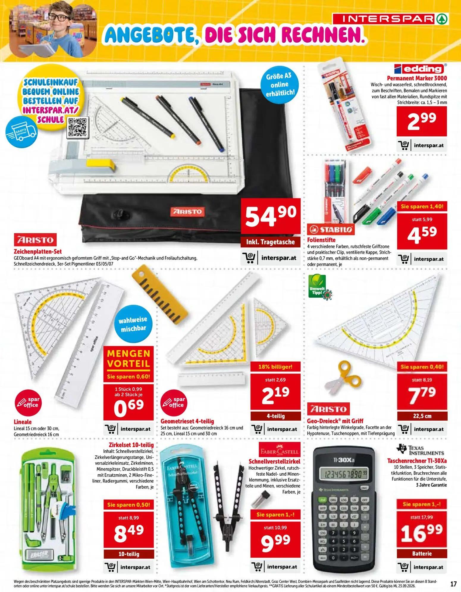 Interspar Prospekt, Seite 17 von 24 — STABILO Folienstifte, FABER-CASTELL Schnellverstellzirkel, TEXAS INSTRUMENTS Taschenre…
