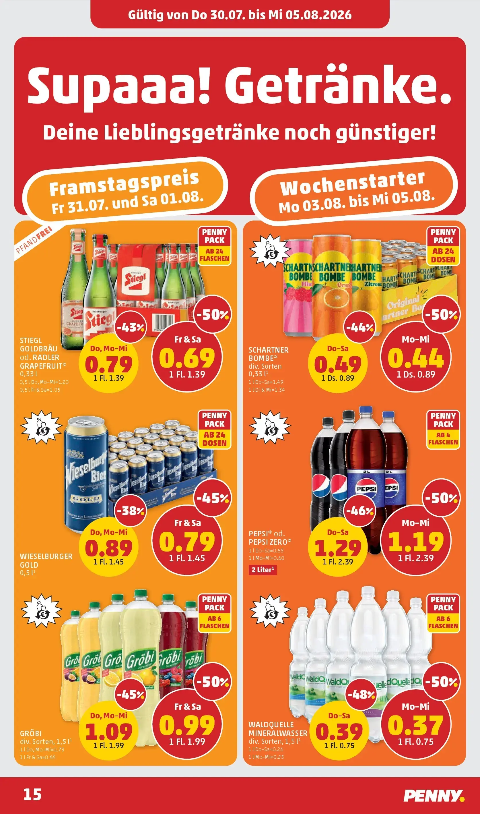 PENNY Prospekt, Seite 15 von 28 — STIEGL GOLDBRÄU od. RADLER GRAPEFRUIT*, WIESELBURGER GOLD, PEPSI* od. PEPSI ZERO*