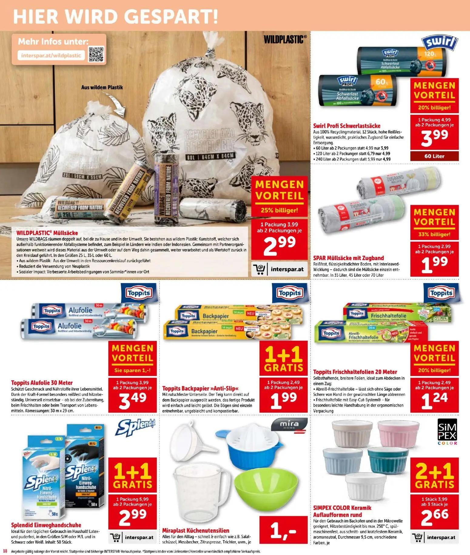 Interspar Prospekt, Seite 18 von 20 — WILDPLASTIC® Müllsäcke, Swirl Profi Schwerlastsäcke, SPAR Müllsäcke mit Zugband
