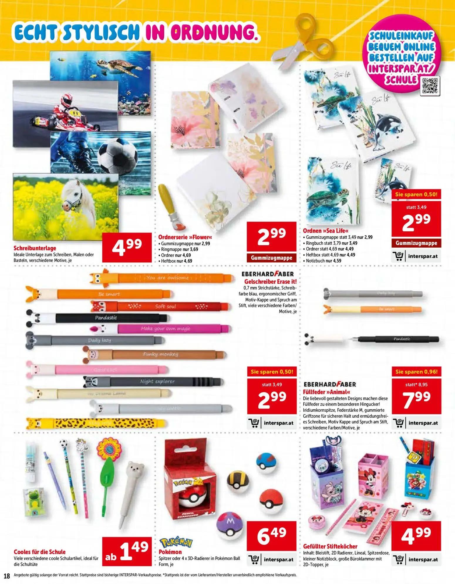 Interspar Prospekt, Seite 18 von 24 — Ordnerserie "Flower", EBERHARD FABER Füllfeder "Animal", Ordnen "Sea Life" Gummizugmap…
