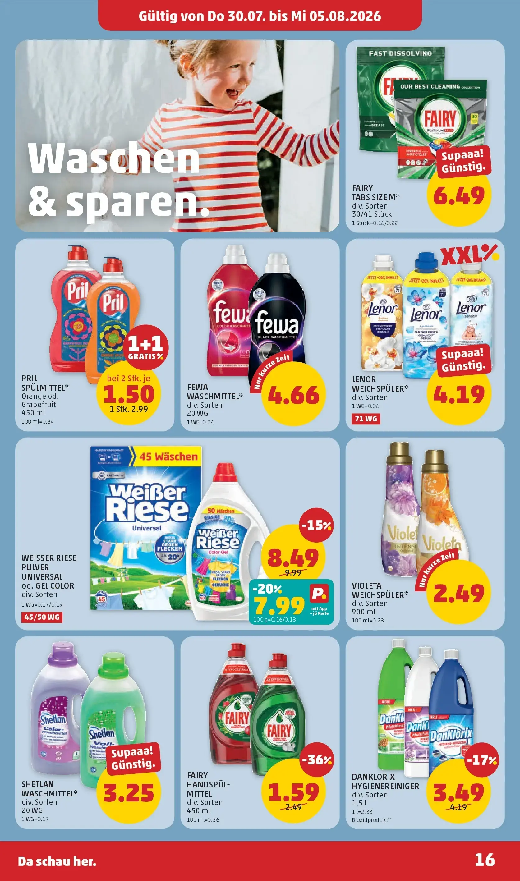 PENNY Prospekt, Seite 16 von 28 — WEISSER RIESE PULVER UNIVERSAL, PRIL SPÜLMITTEL, FAIRY HANDSPÜL-MITTEL