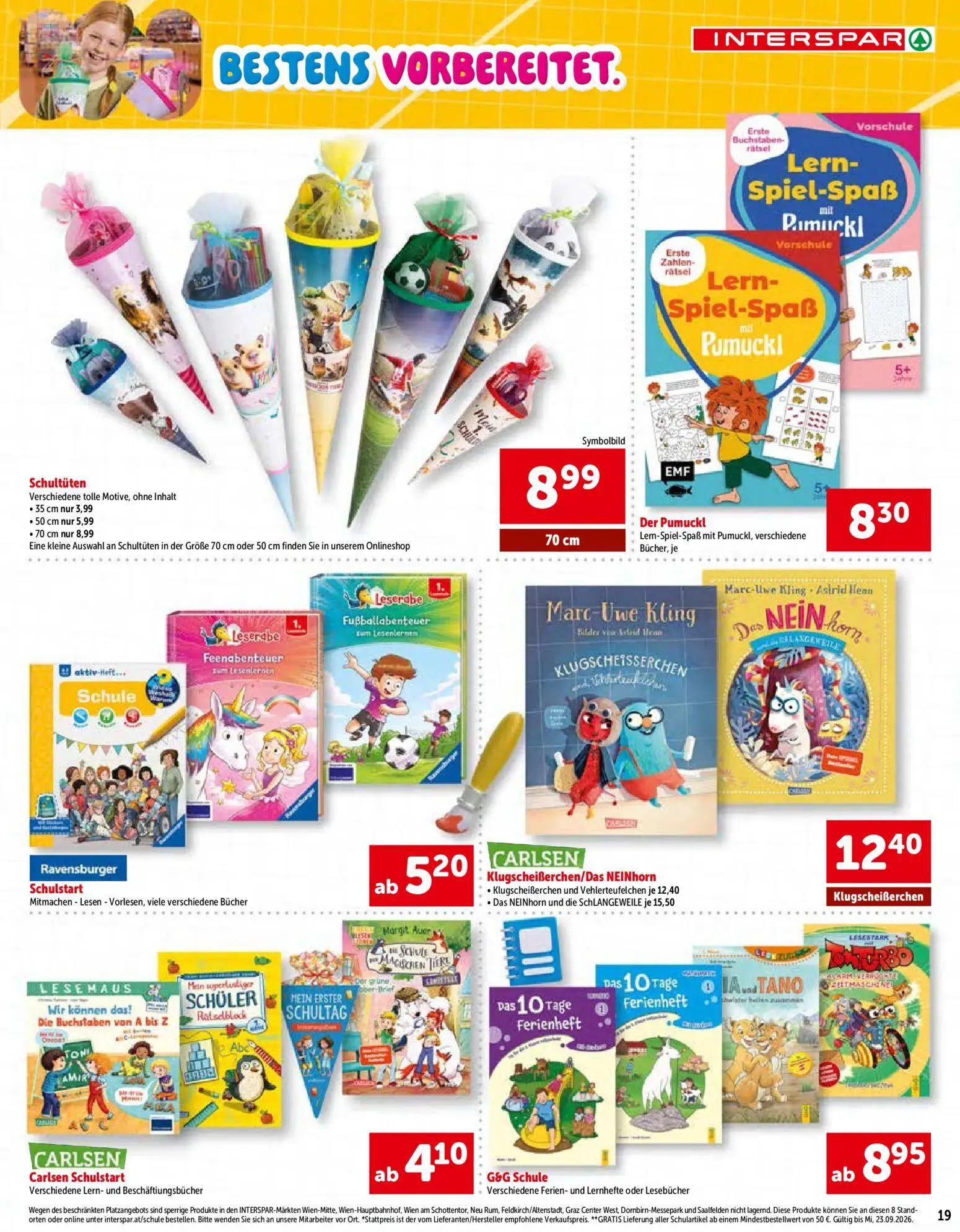 Interspar Prospekt, Seite 19 von 24 — Schultüten, Klugscheißerchen/Das NEINhorn, Der Pumuckl Lern-Spiel-Spaß mit Pumuckl