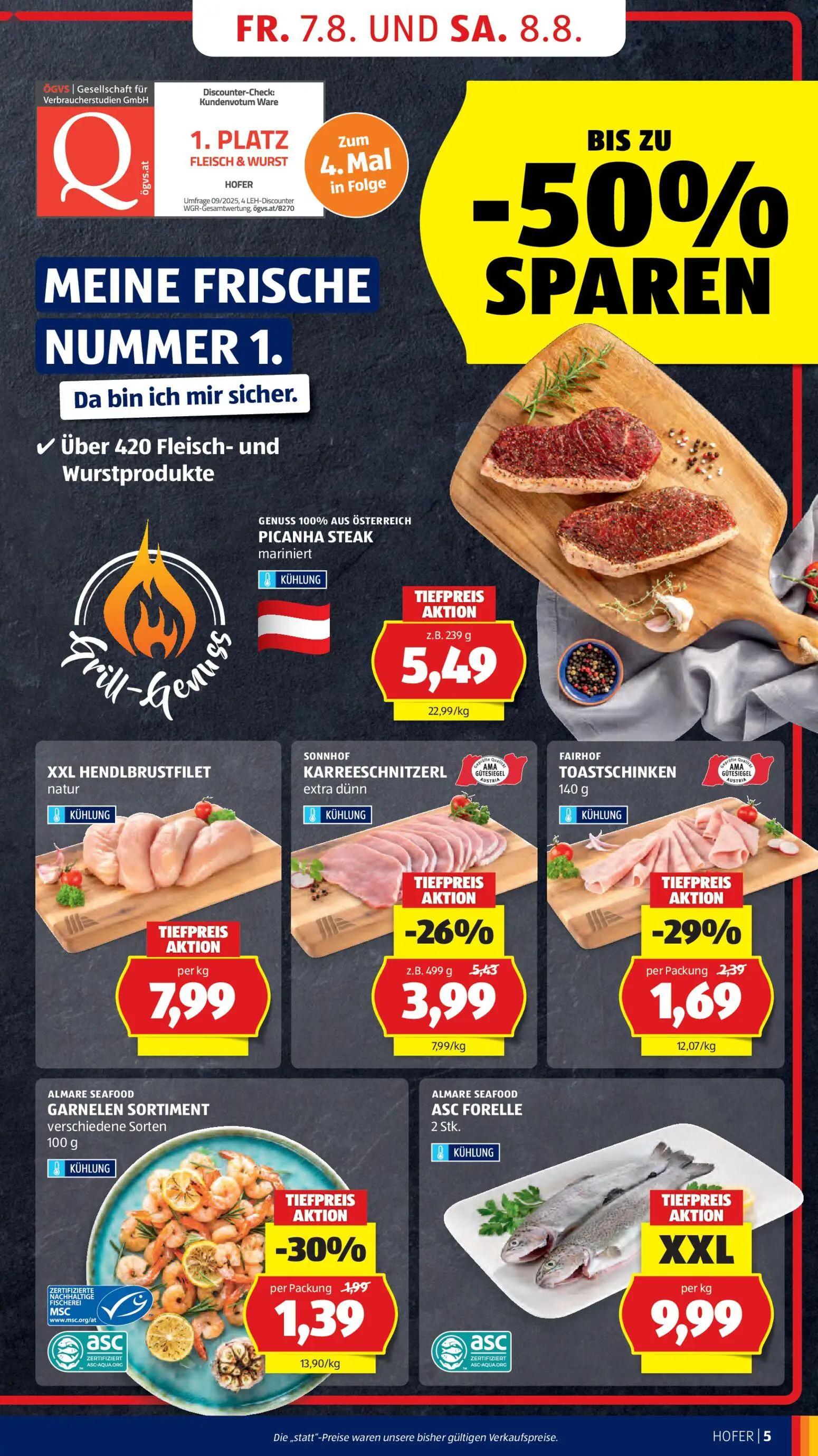 Hofer Prospekt, Seite 17 von 47 — KARREESCHNITZERL extra dünn, GARNELEN SORTIMENT, PICANHA STEAK mariniert
