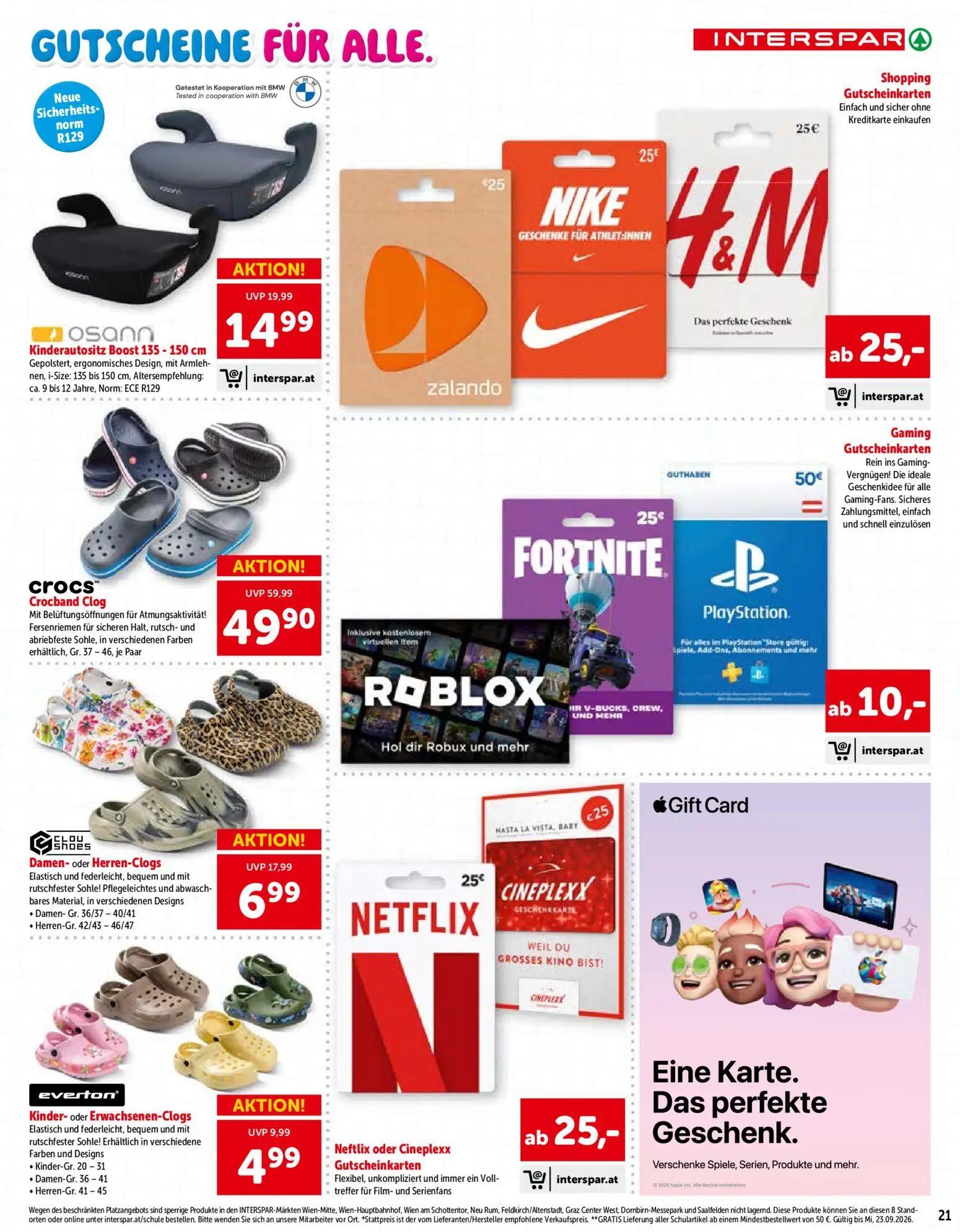 Interspar Prospekt, Seite 21 von 24 — Damen- oder Herren-Clogs, Crocs Crocband Clog, Kinderautositz Boost 135-150 cm