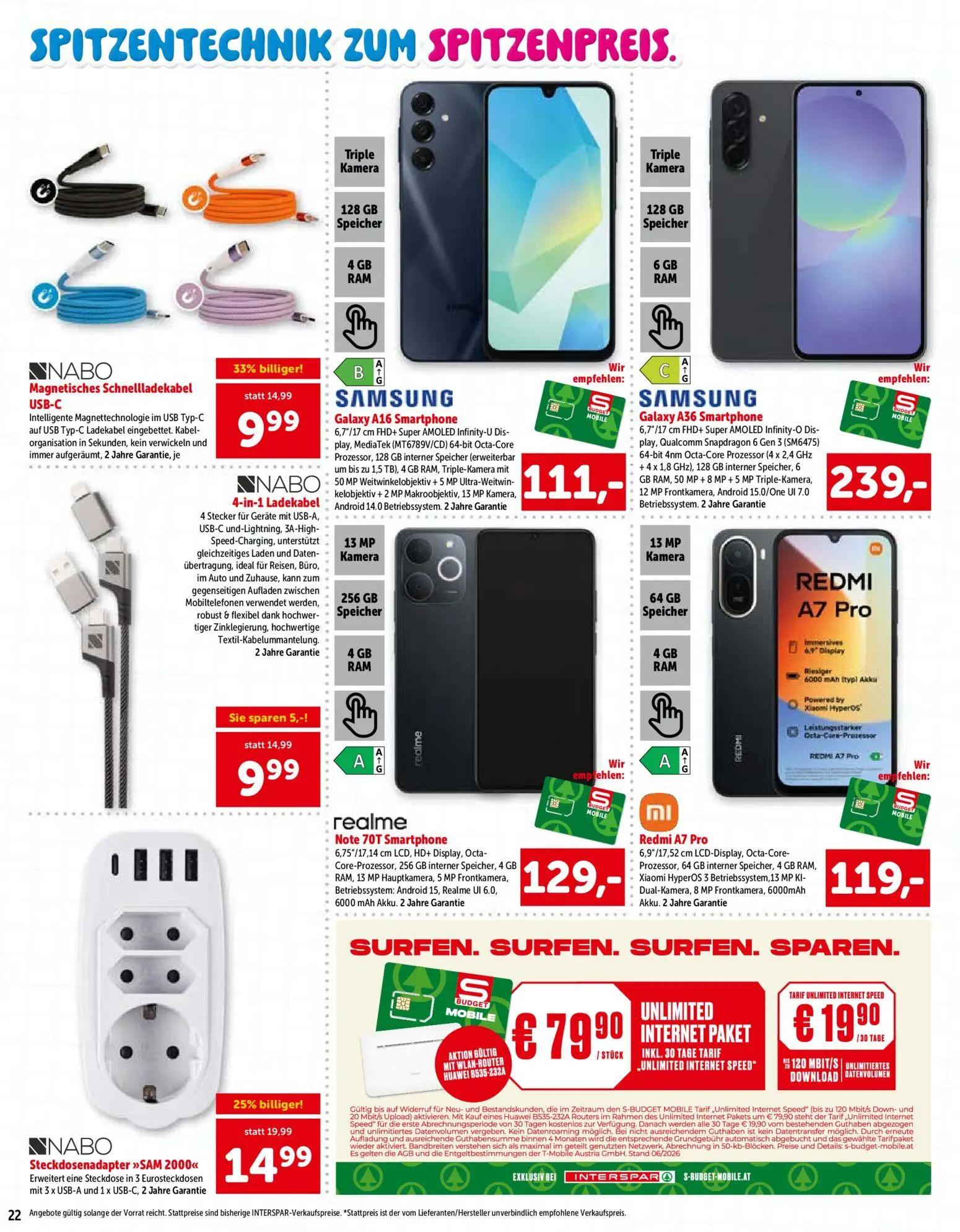 Interspar Prospekt, Seite 22 von 24 — Magnetisches Schnellladekabel USB-C, 4-in-1 Ladekabel, Steckdosenadapter >>SAM 2000<<