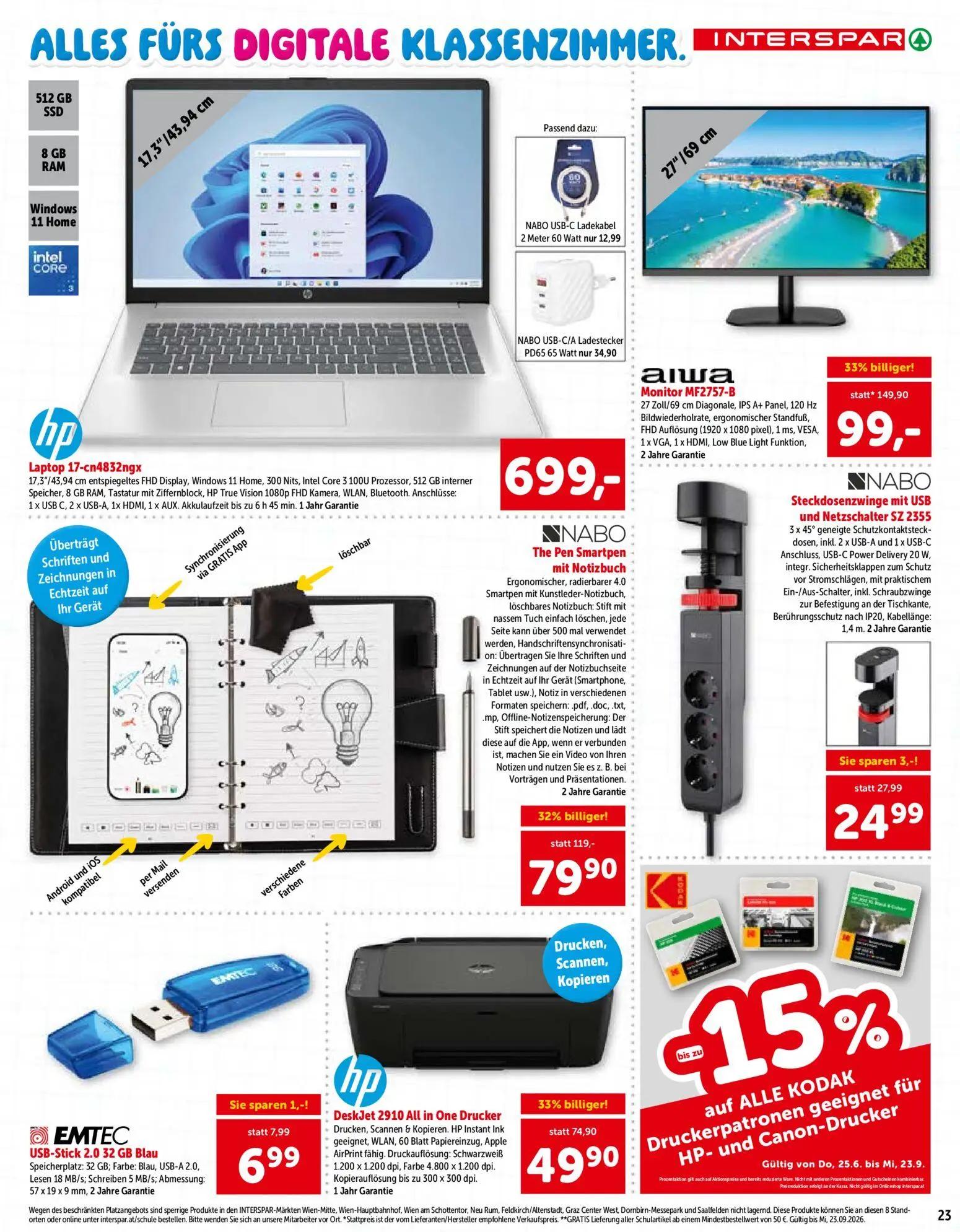 Interspar Prospekt, Seite 23 von 24 — Monitor MF2757-B, The Pen Smartpen mit Notizbuch, DeskJet 2910 All in One Drucker