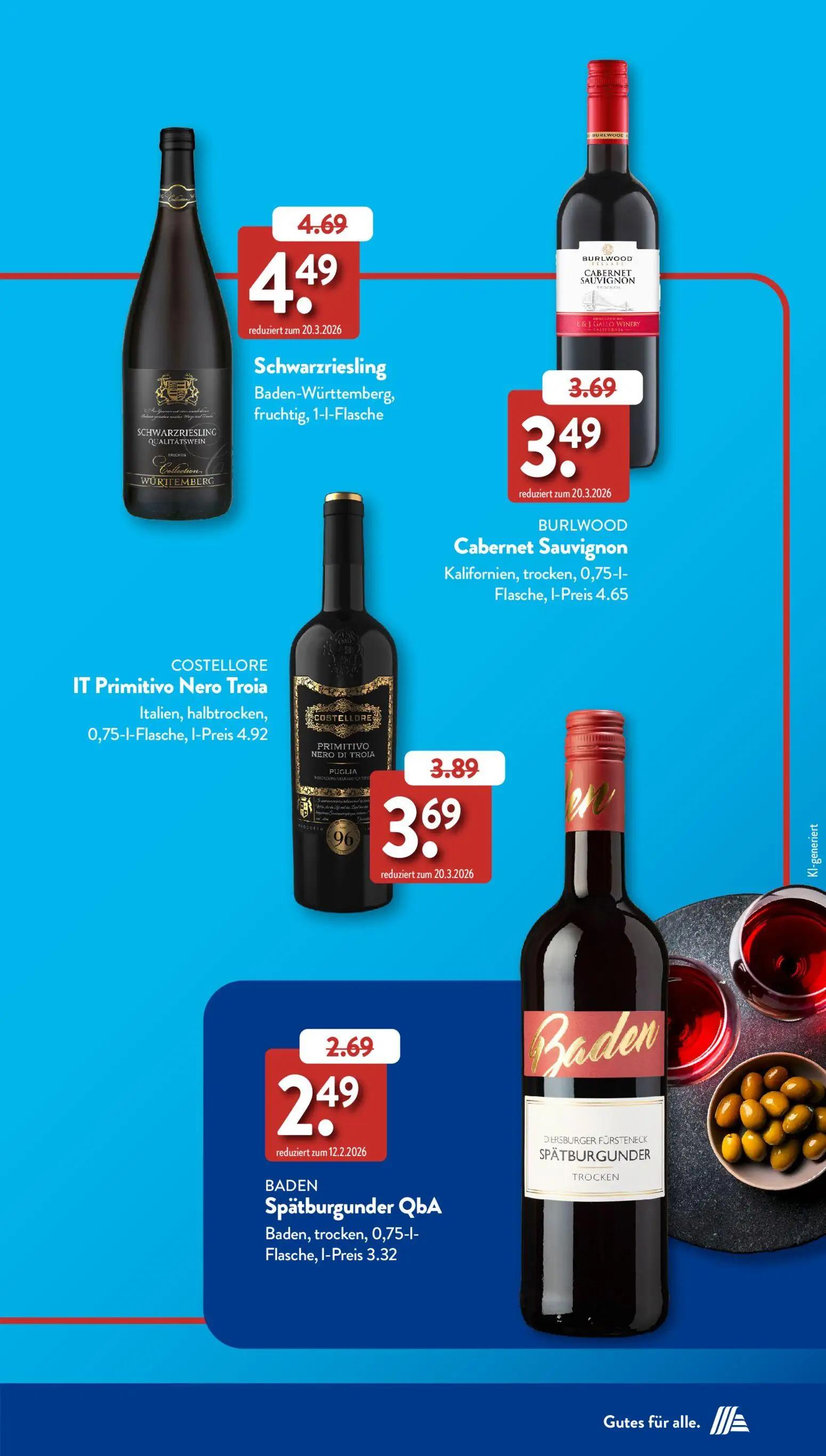 Aldi Süd Prospekt, Seite 23 von 50 — Schwarzriesling, BURLWOOD Cabernet Sauvignon, COSTELLORE IT Primitivo Nero Troia
