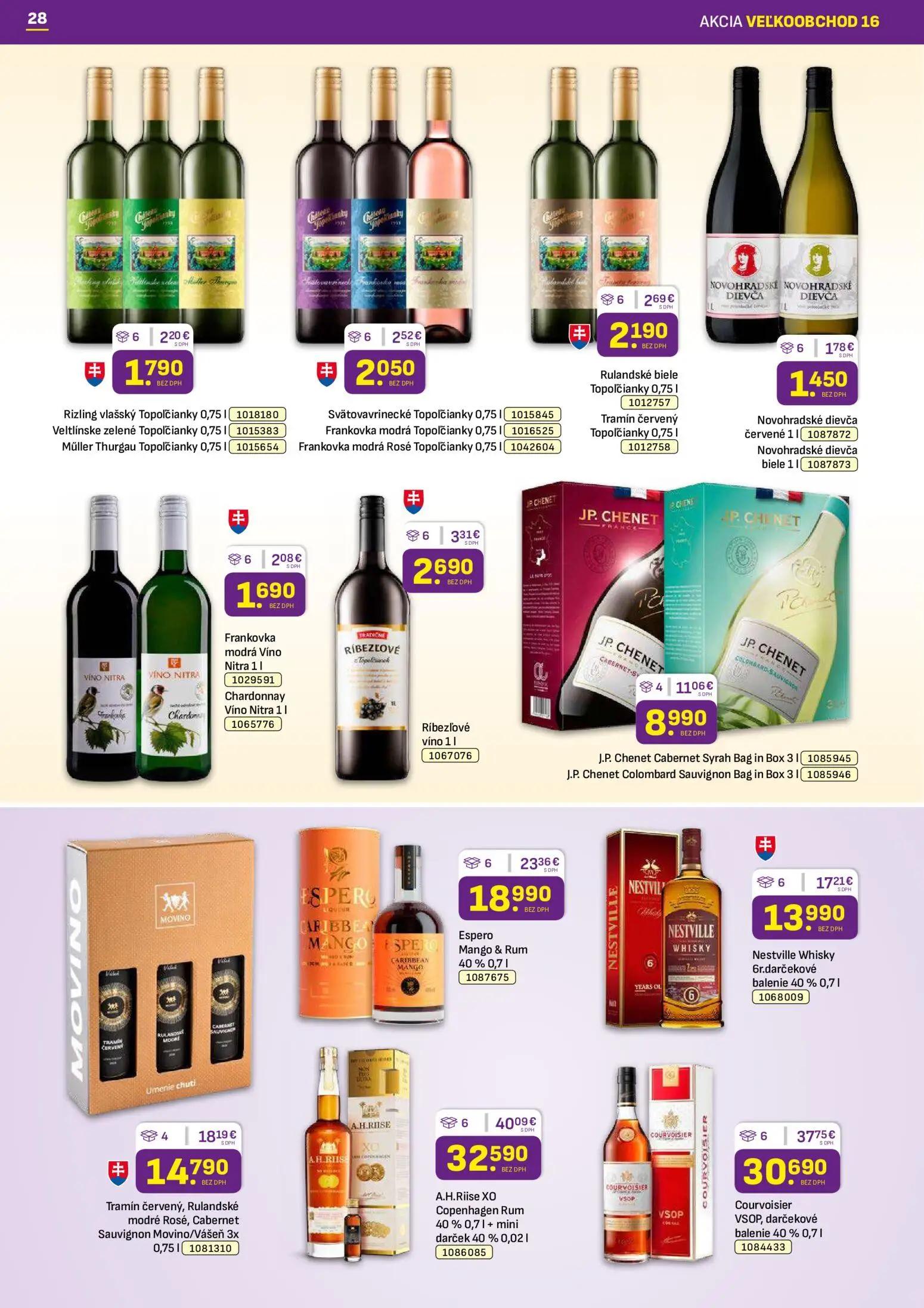 Libex leták, strana 28 z 36 — A.H.Riise XO Copenhagen Rum 40% + mini darček 40%, Courvoisier VSOP, darčekové balenie, Espero…