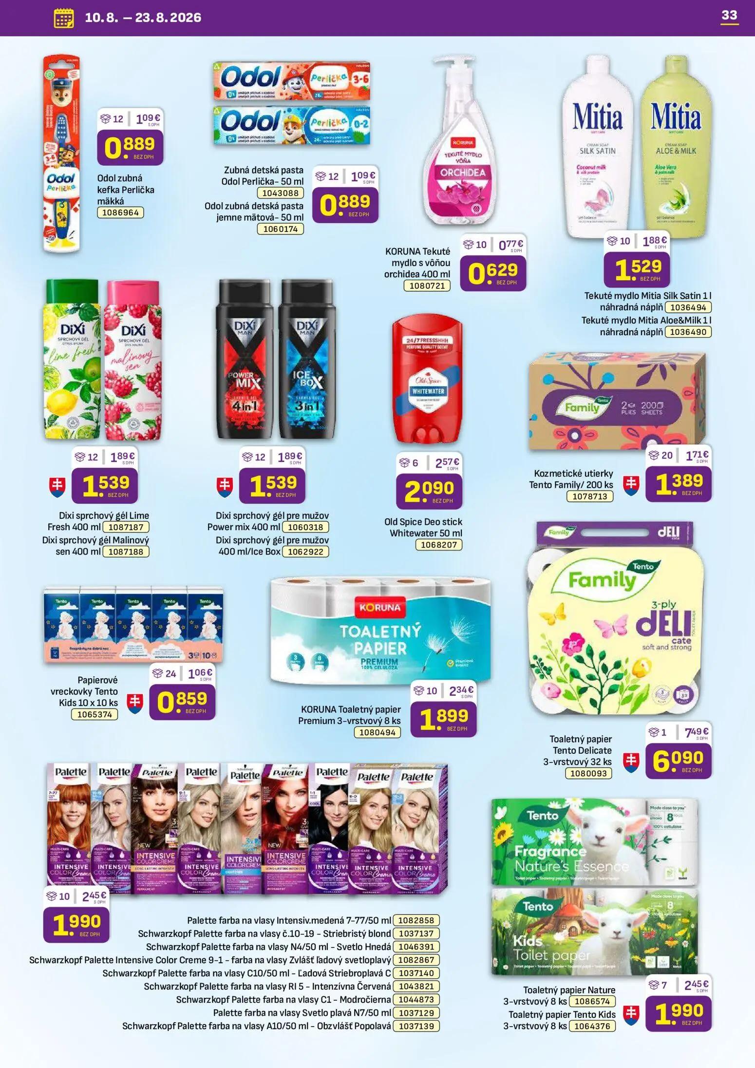 Libex leták, strana 33 z 36 — Toaletný papier Tento Delicate 3-vrstvový, Old Spice Deo stick Whitewater, Palette farba na vl…