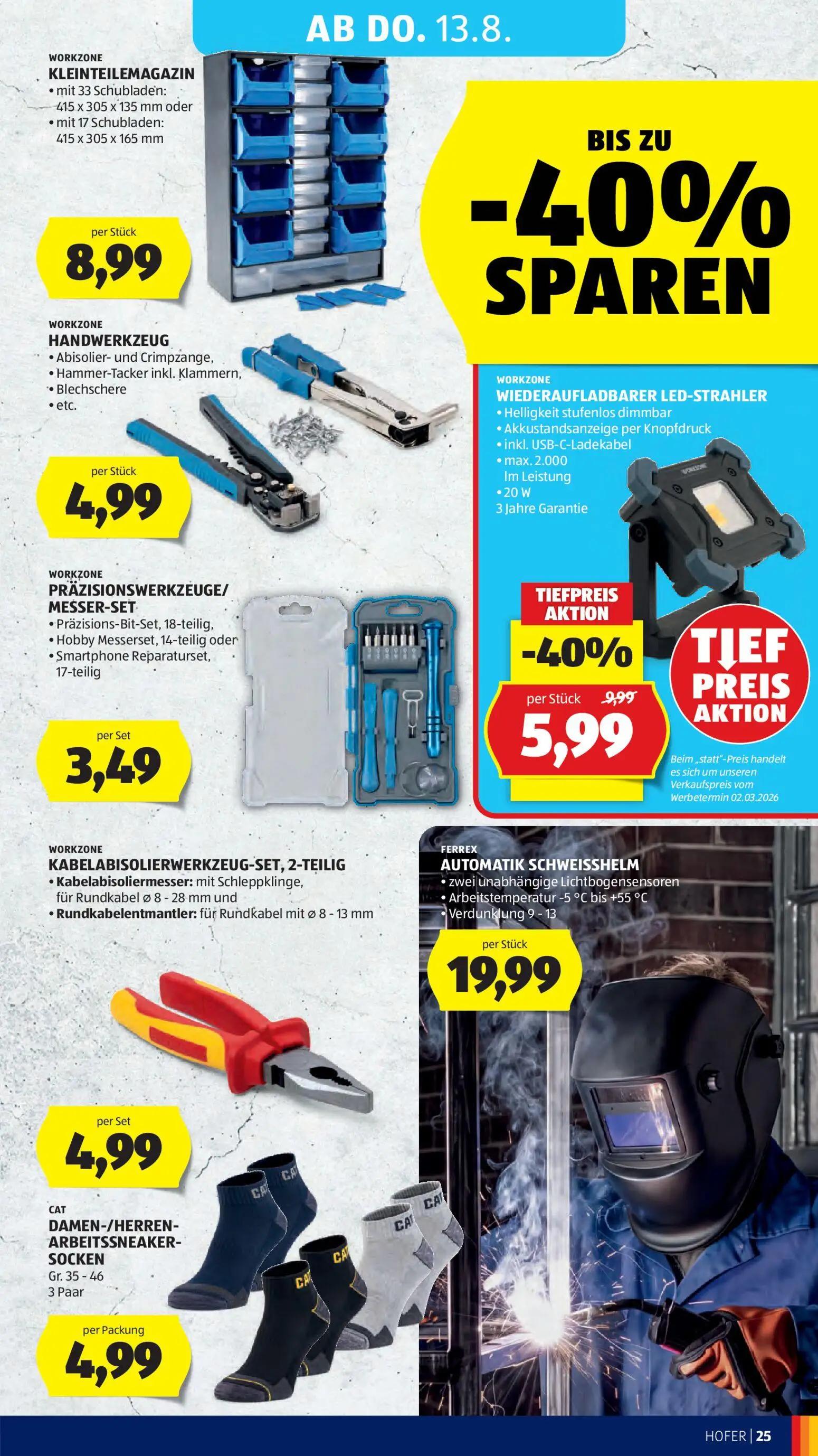 Hofer Prospekt, Seite 39 von 47 — WIEDERAUFLADBARER LED-STRAHLER, KLEINTEILEMAGAZIN, HANDWERKZEUG