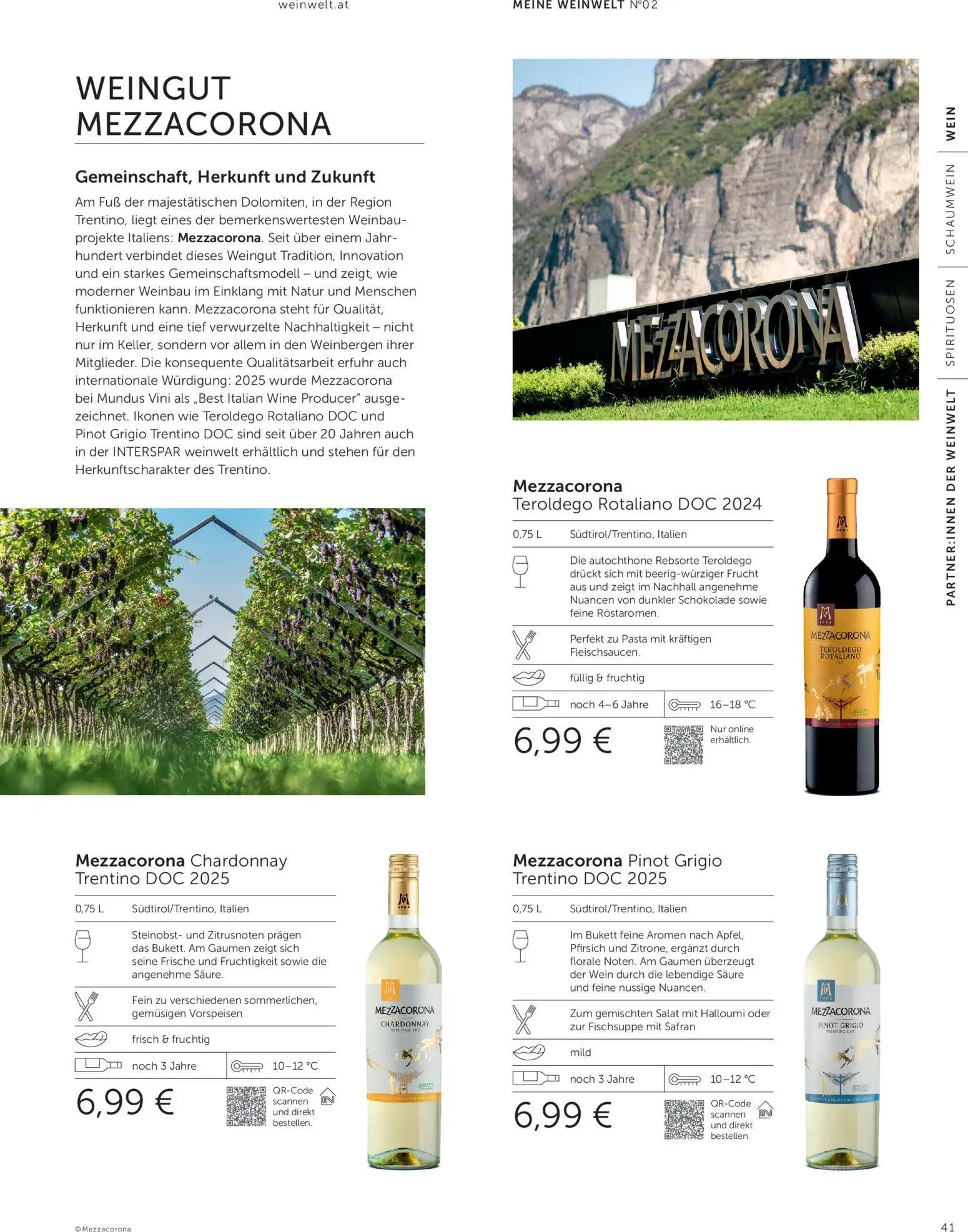 Interspar Prospekt, Seite 41 von 60 — Mezzacorona Teroldego Rotaliano DOC 2024, Mezzacorona Chardonnay Trentino DOC 2025, Me…