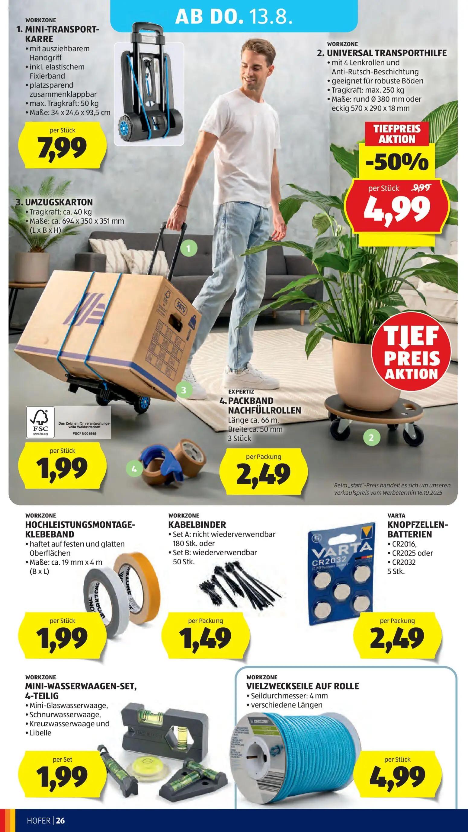 Hofer Prospekt, Seite 40 von 47 — UNIVERSAL TRANSPORTHILFE, MINI-TRANSPORT-KARRE, UMZUGSKARTON
