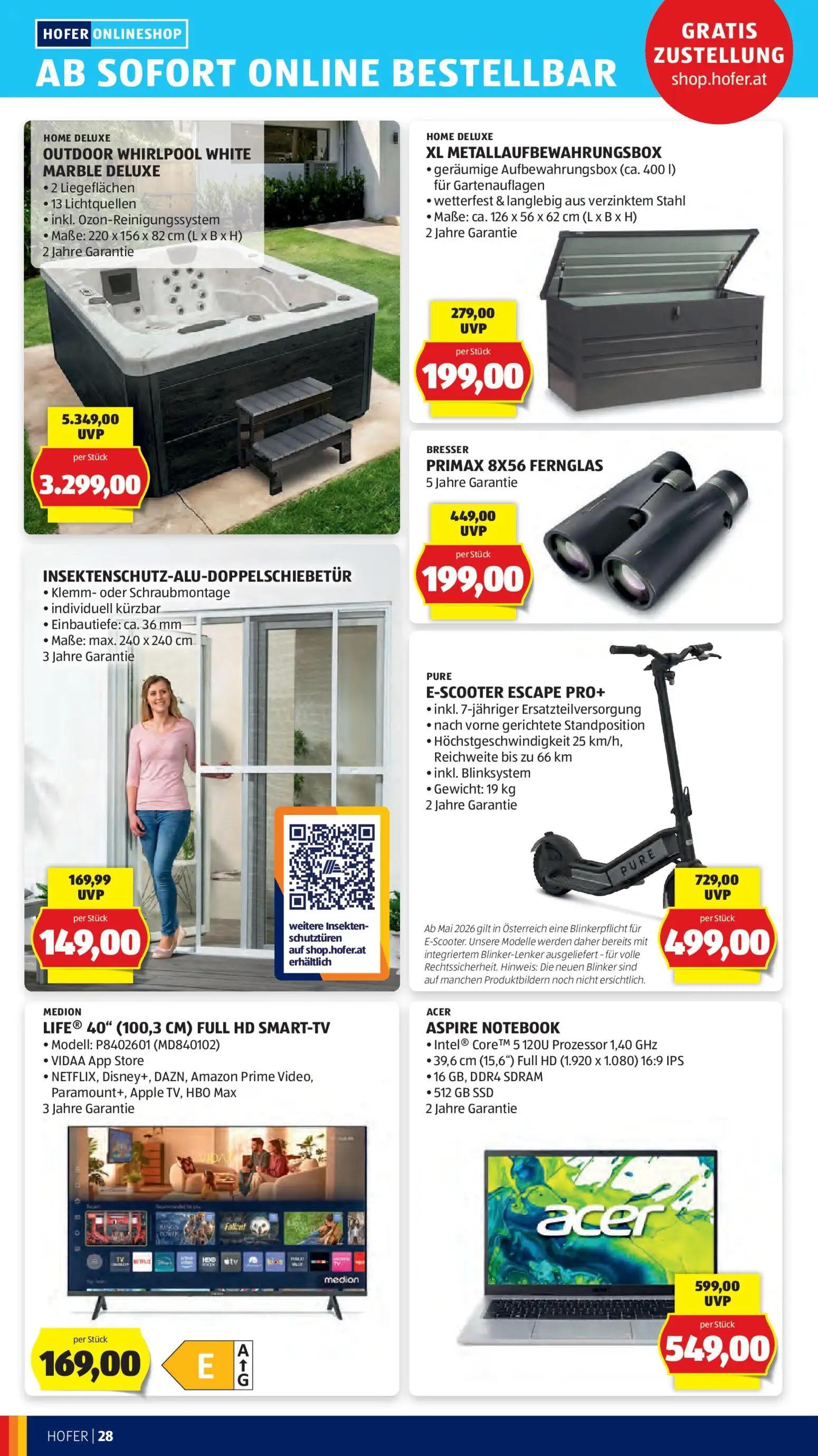 Hofer Prospekt, Seite 42 von 47 — OUTDOOR WHIRLPOOL WHITE MARBLE DELUXE, PRIMAX 8X56 FERNGLAS, E-SCOOTER ESCAPE PRO+