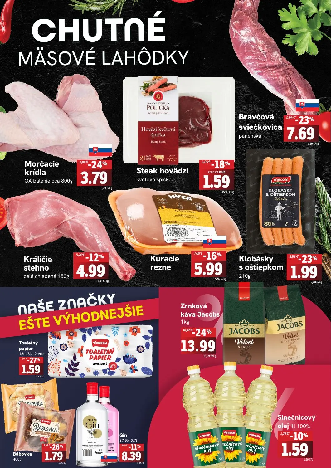Fresh leták, strana 2 z 4 — Zrnková káva Jacobs, Bravčová sviečkovica panenská, Morčacie krídla