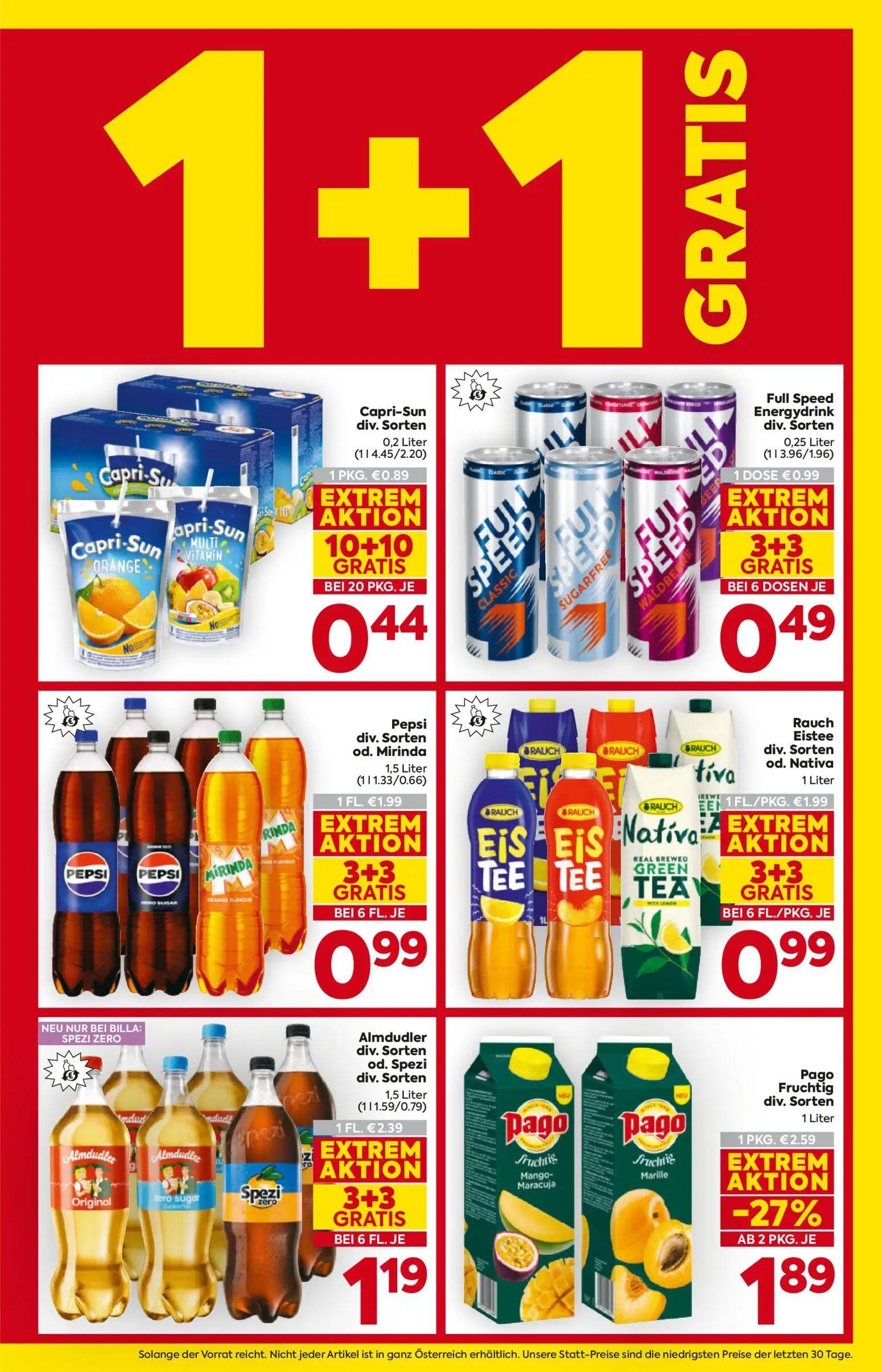Billa Prospekt, Seite 3 von 16 — Almdudler od. Spezi, Pepsi od. Mirinda, Rauch Eistee od. Nativa