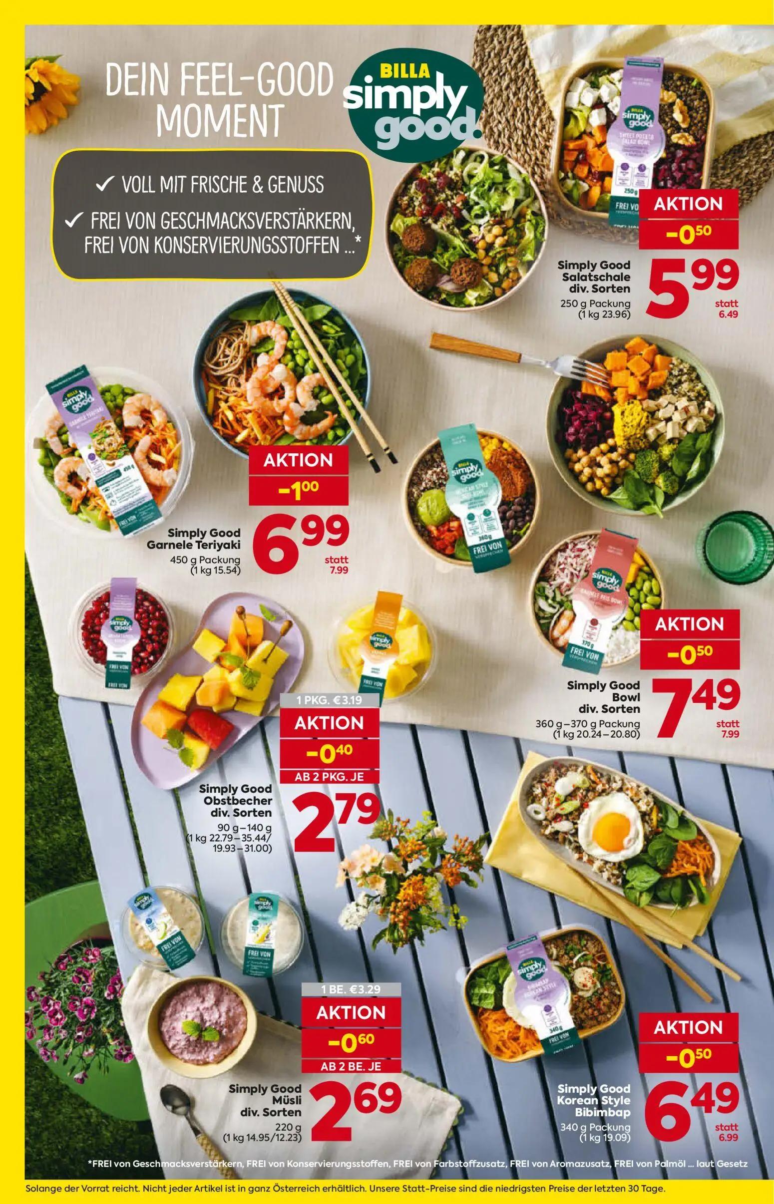 Billa Prospekt, Seite 4 von 16 — Simply Good Garnele Teriyaki, Simply Good Müsli div. Sorten, Simply Good Salatschale div. S…