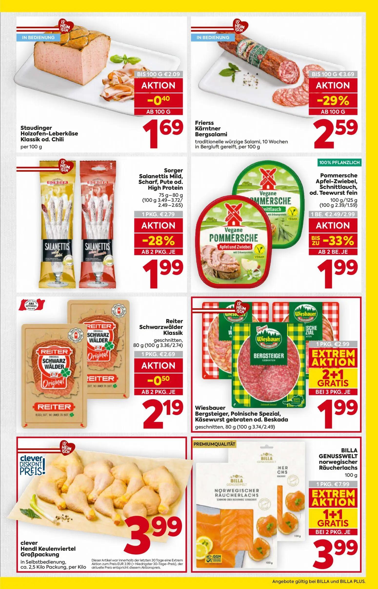 Billa Prospekt, Seite 7 von 16 — Frierss Kärntner Bergsalami, Pommersche Apfel-Zwiebel, Schnittlauch, od. Teewurst fein, Wie…