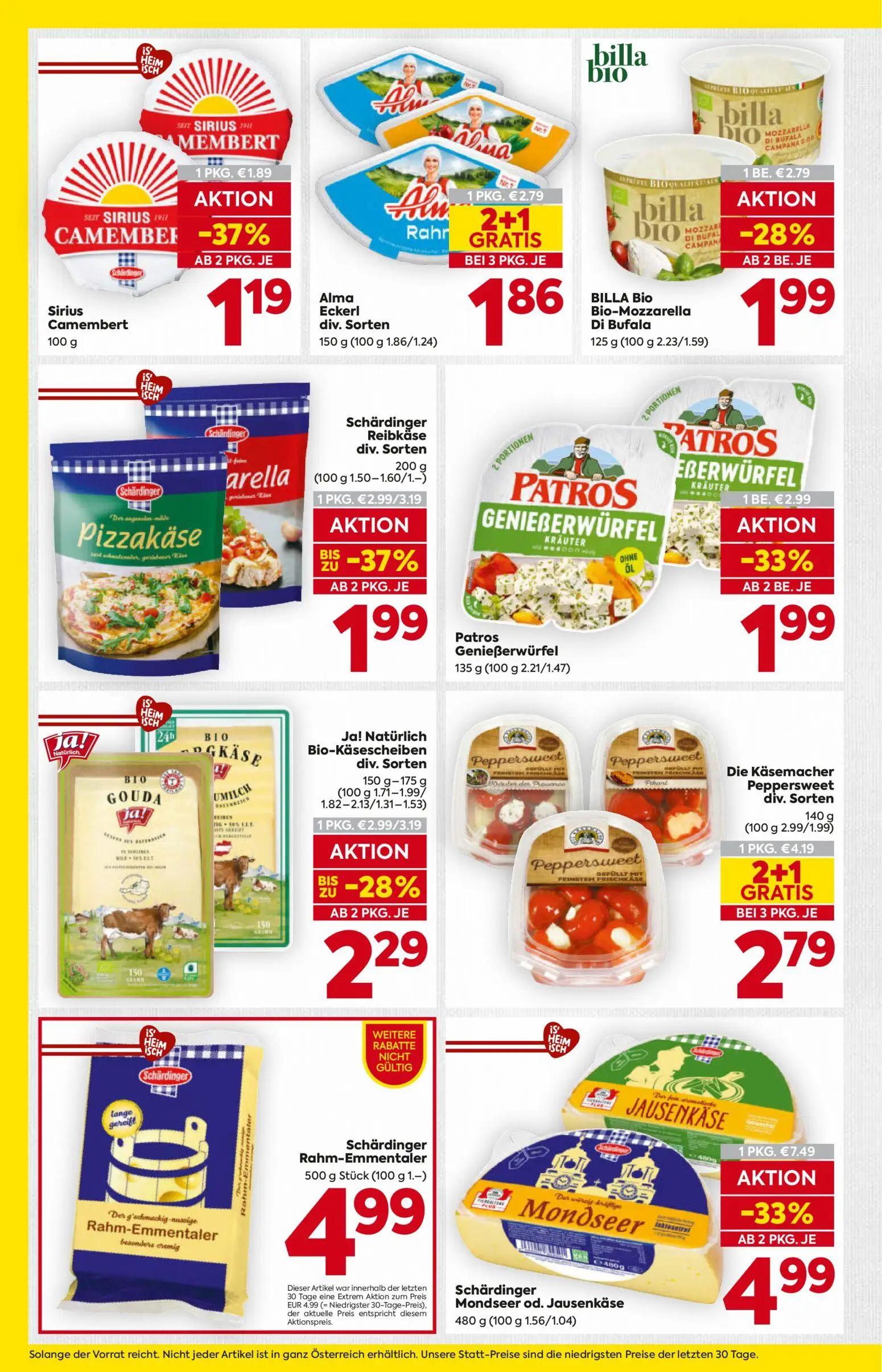 Billa Prospekt, Seite 8 von 16 — Schärdinger Mondseer od. Jausenkäse, Die Käsemacher Peppersweet, Schärdinger Reibkäse