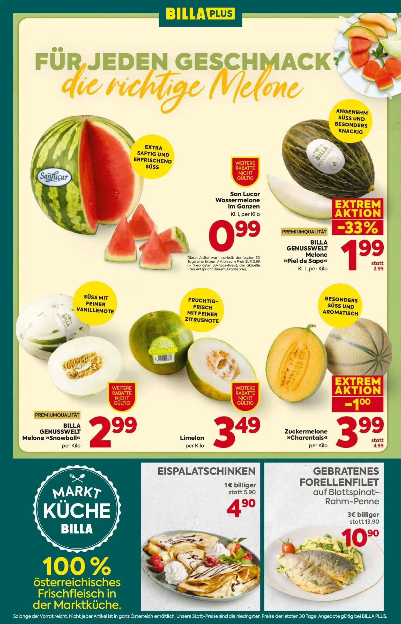 Billa Plus Prospekt, Seite 8 von 16 — GEBRATENES FORELLENFILET auf Blattspinat-Rahm-Penne, BILLA GENUSSWELT Melone "Piel de …